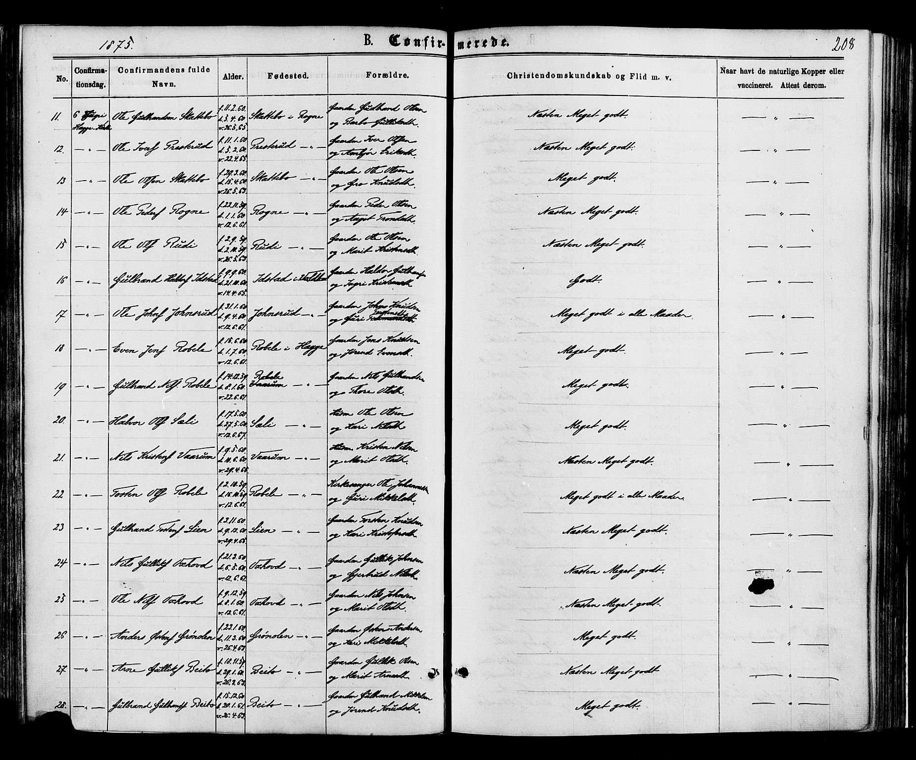Øystre Slidre prestekontor, AV/SAH-PREST-138/H/Ha/Haa/L0002: Parish register (official) no. 2, 1874-1886, p. 208