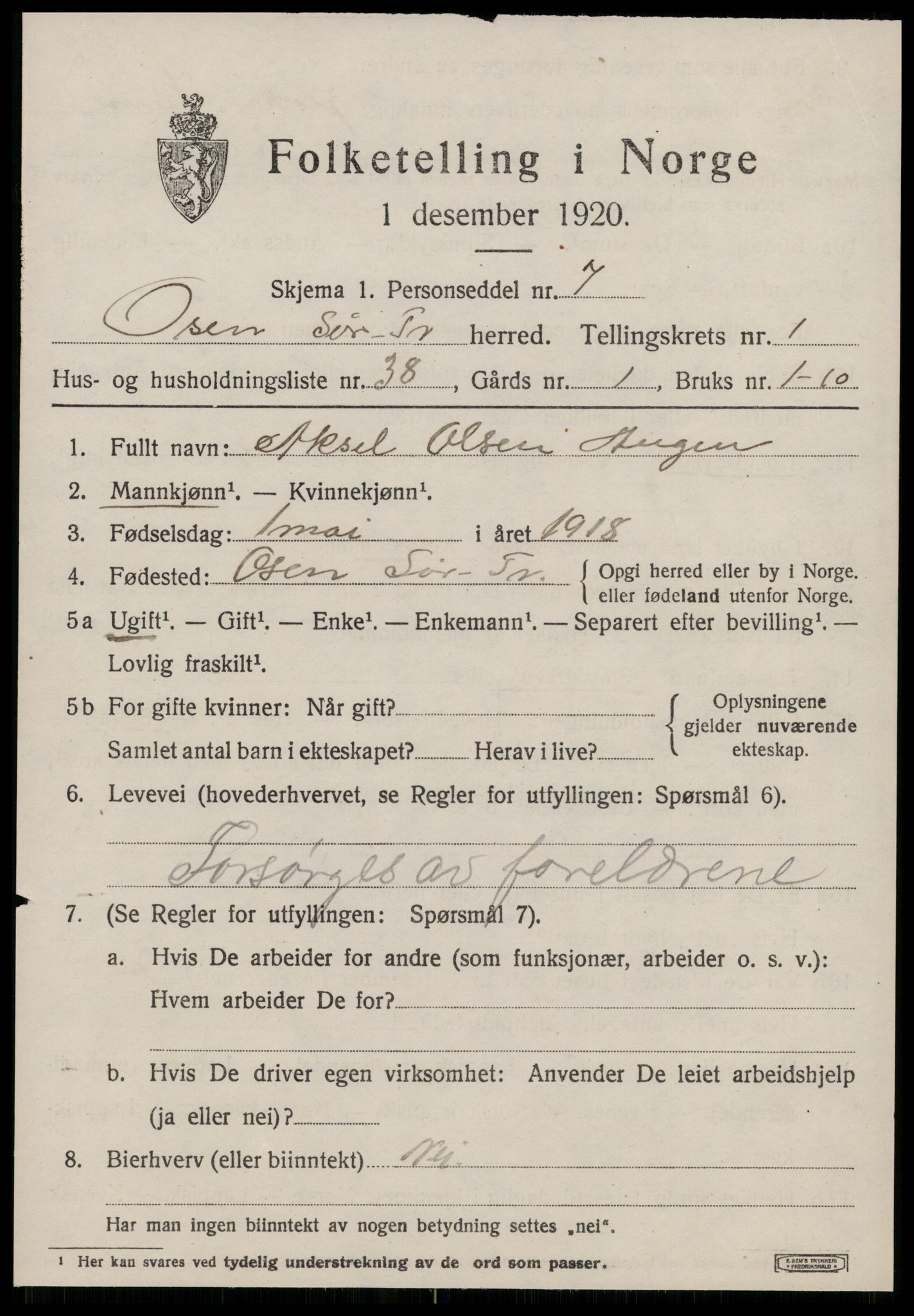 SAT, 1920 census for Osen, 1920, p. 1159