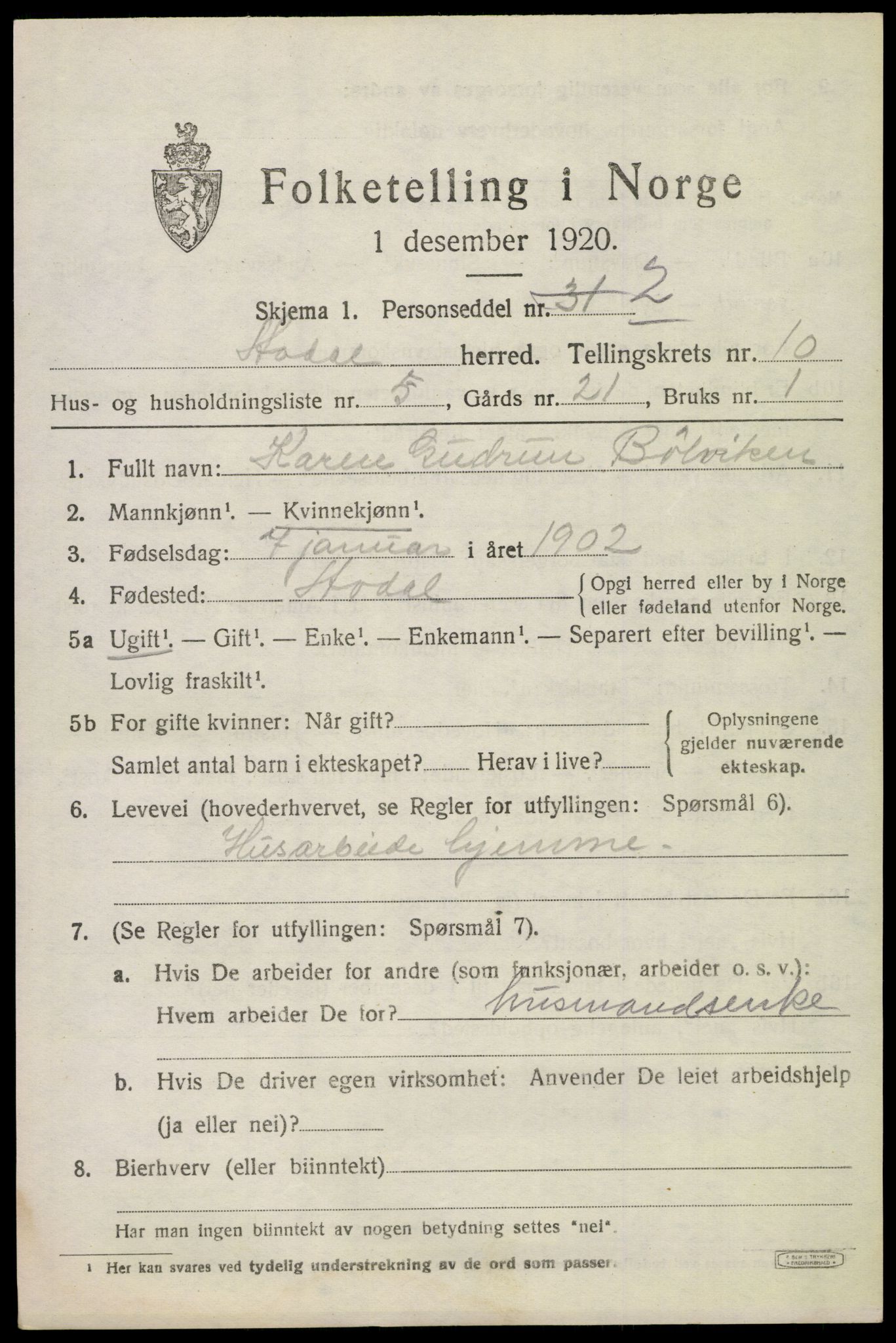 SAKO, 1920 census for Ådal, 1920, p. 6588