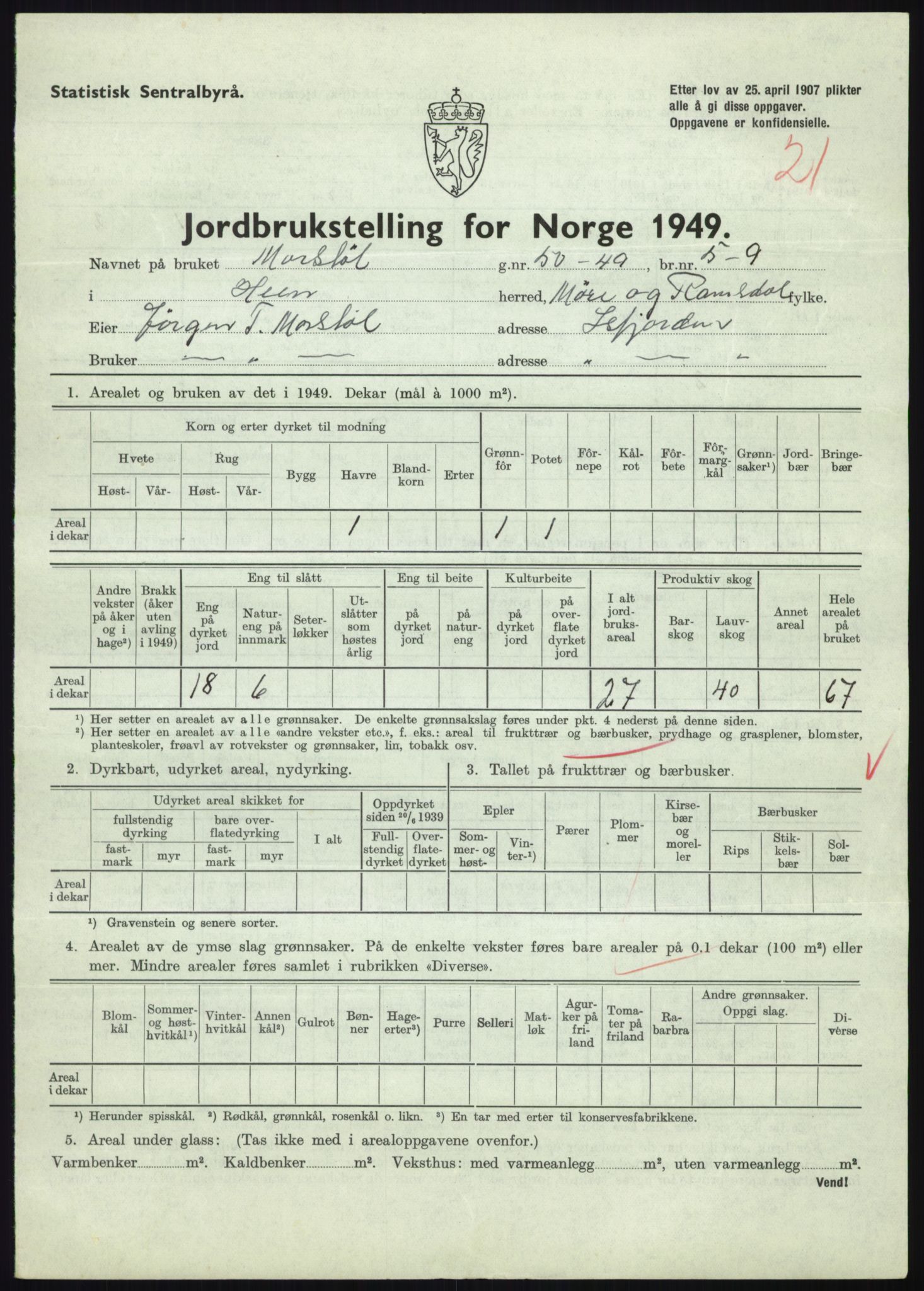 Statistisk sentralbyrå, Næringsøkonomiske emner, Jordbruk, skogbruk, jakt, fiske og fangst, AV/RA-S-2234/G/Gc/L0323: Møre og Romsdal: Grytten og Hen, 1949, p. 629