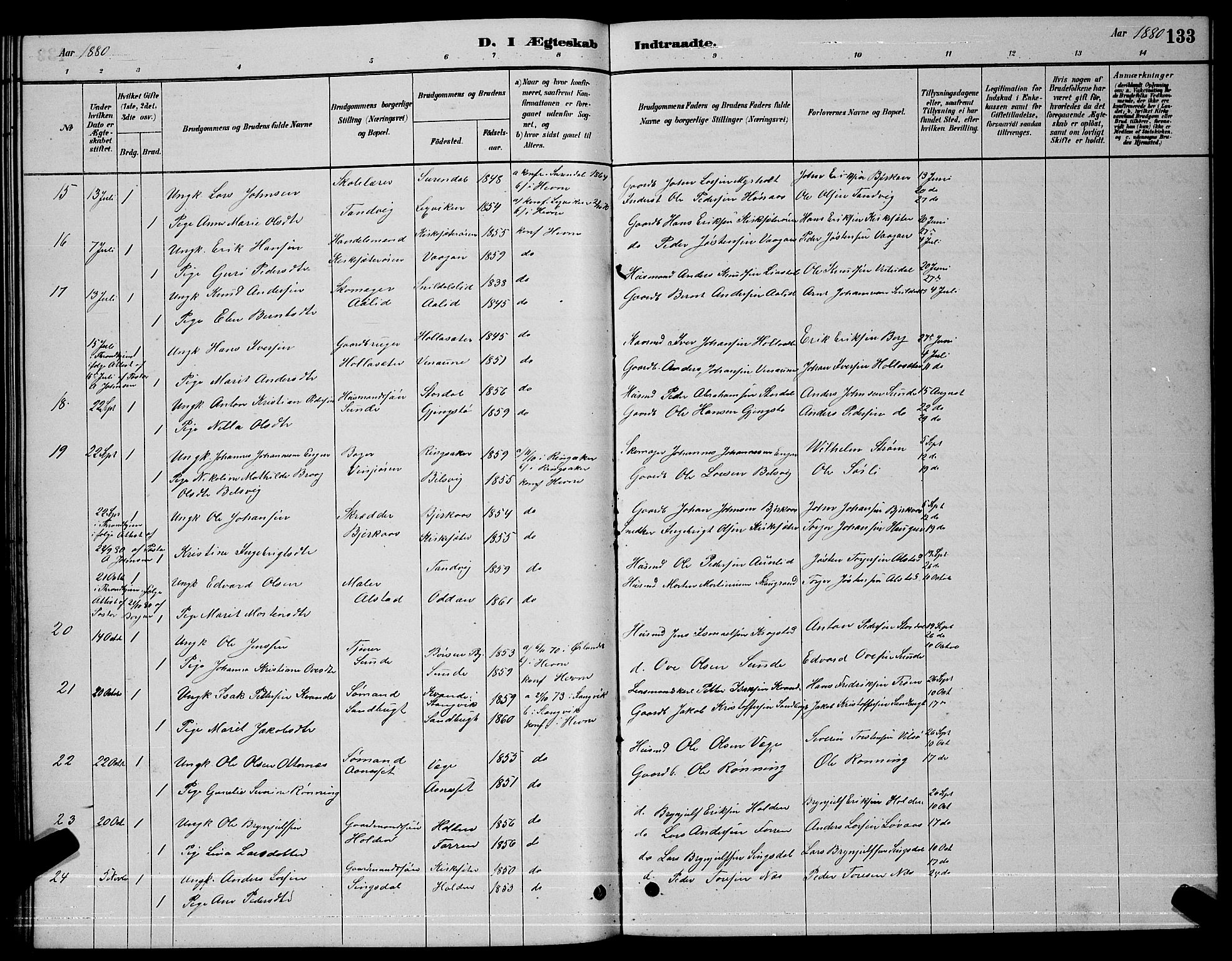 Ministerialprotokoller, klokkerbøker og fødselsregistre - Sør-Trøndelag, SAT/A-1456/630/L0504: Parish register (copy) no. 630C02, 1879-1898, p. 133
