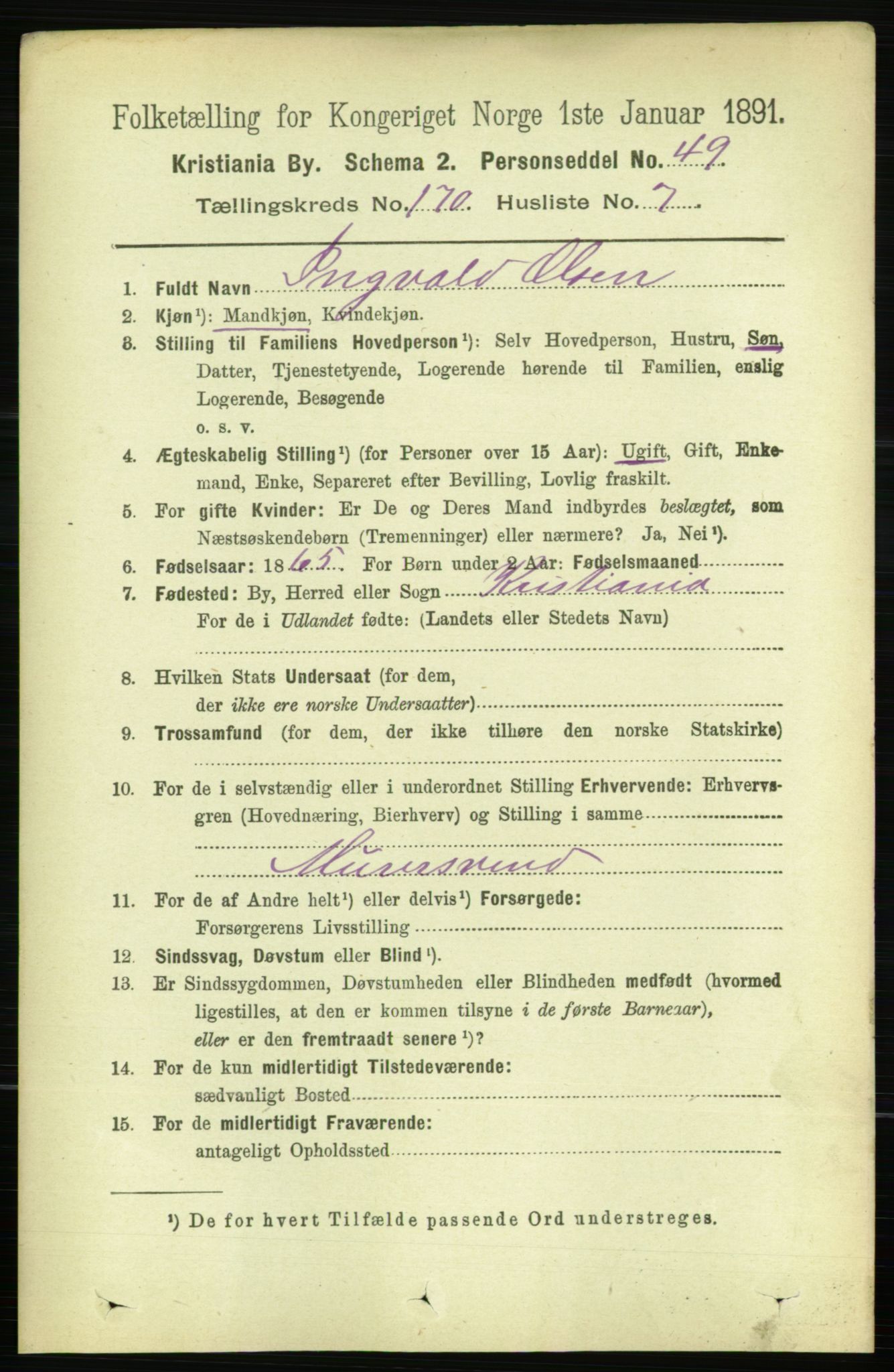 RA, 1891 census for 0301 Kristiania, 1891, p. 99905