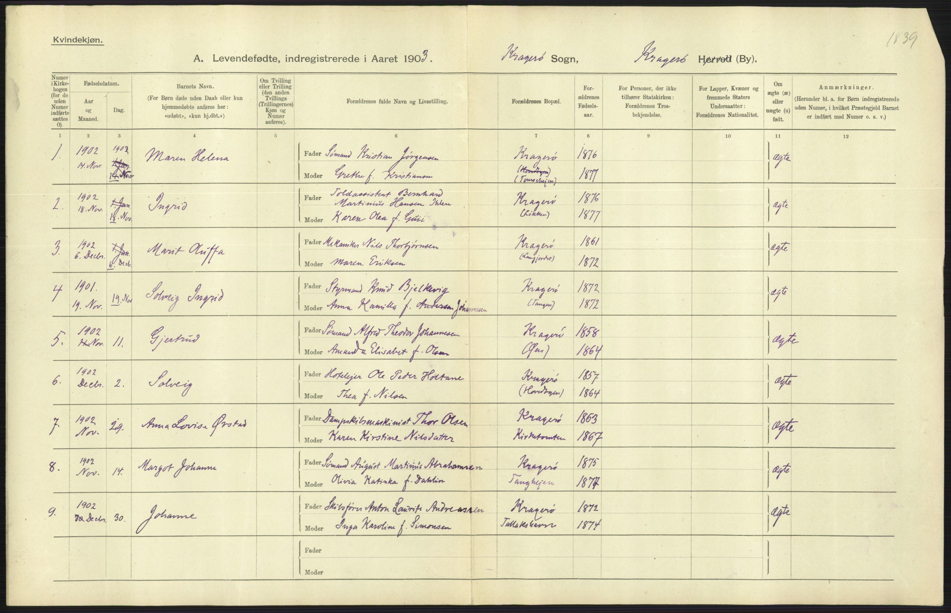 Statistisk sentralbyrå, Sosiodemografiske emner, Befolkning, AV/RA-S-2228/D/Df/Dfa/Dfaa/L0009: Bratsberg amt: Fødte, gifte, døde, 1903, p. 351