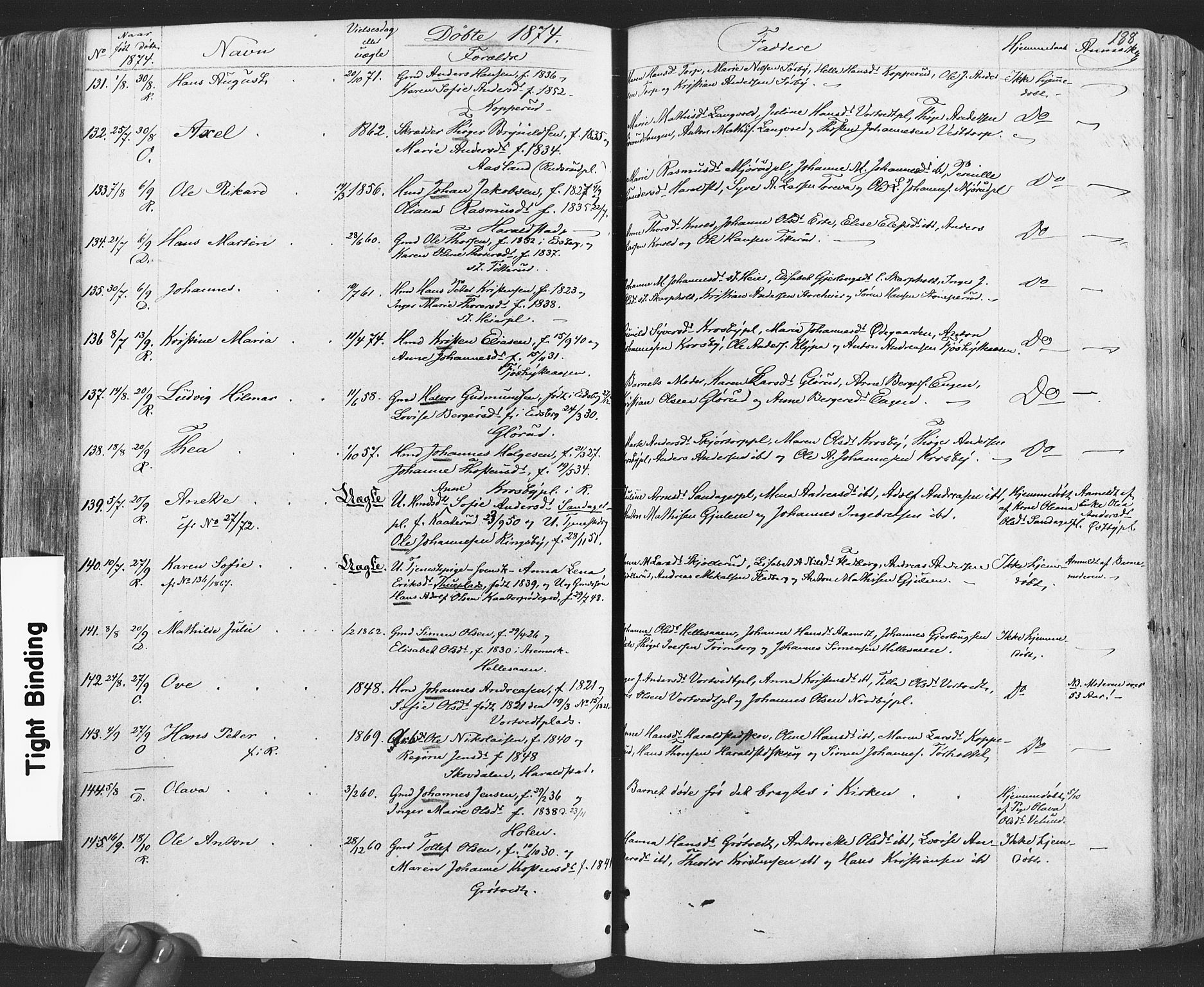 Rakkestad prestekontor Kirkebøker, AV/SAO-A-2008/F/Fa/L0011: Parish register (official) no. I 11, 1862-1877, p. 188