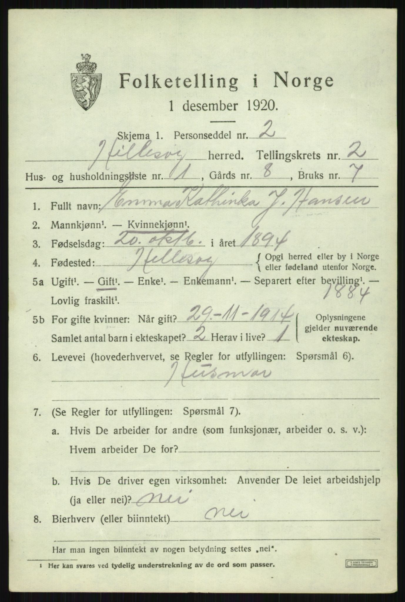 SATØ, 1920 census for Hillesøy, 1920, p. 1097