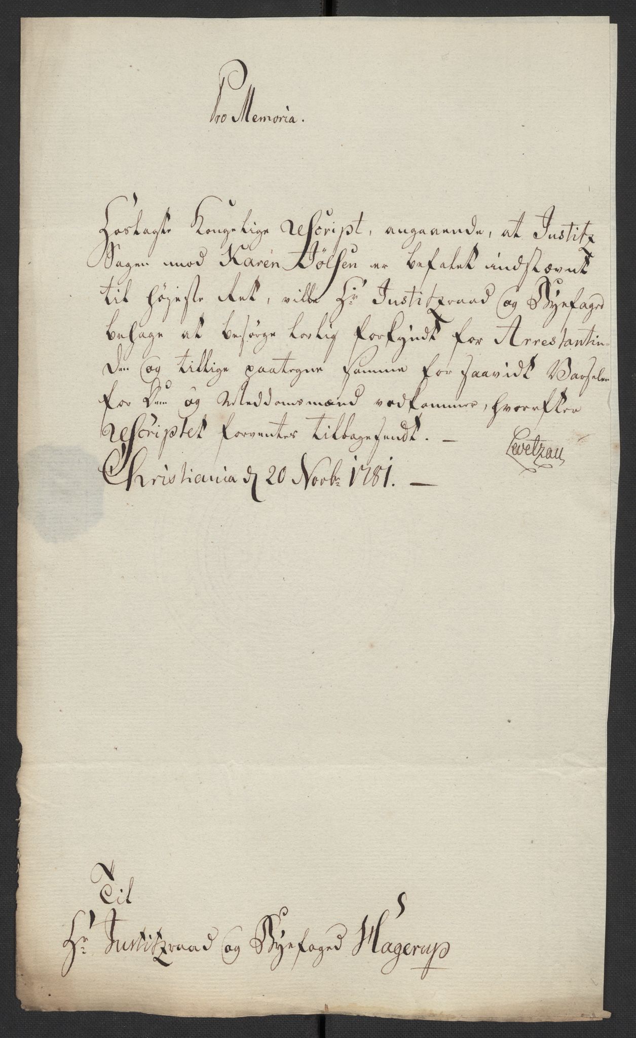 Oslo politidistrikt, AV/SAO-A-10085/D/Da/L0003: Innkomne brev, pro memoria m.v., 1781, p. 50