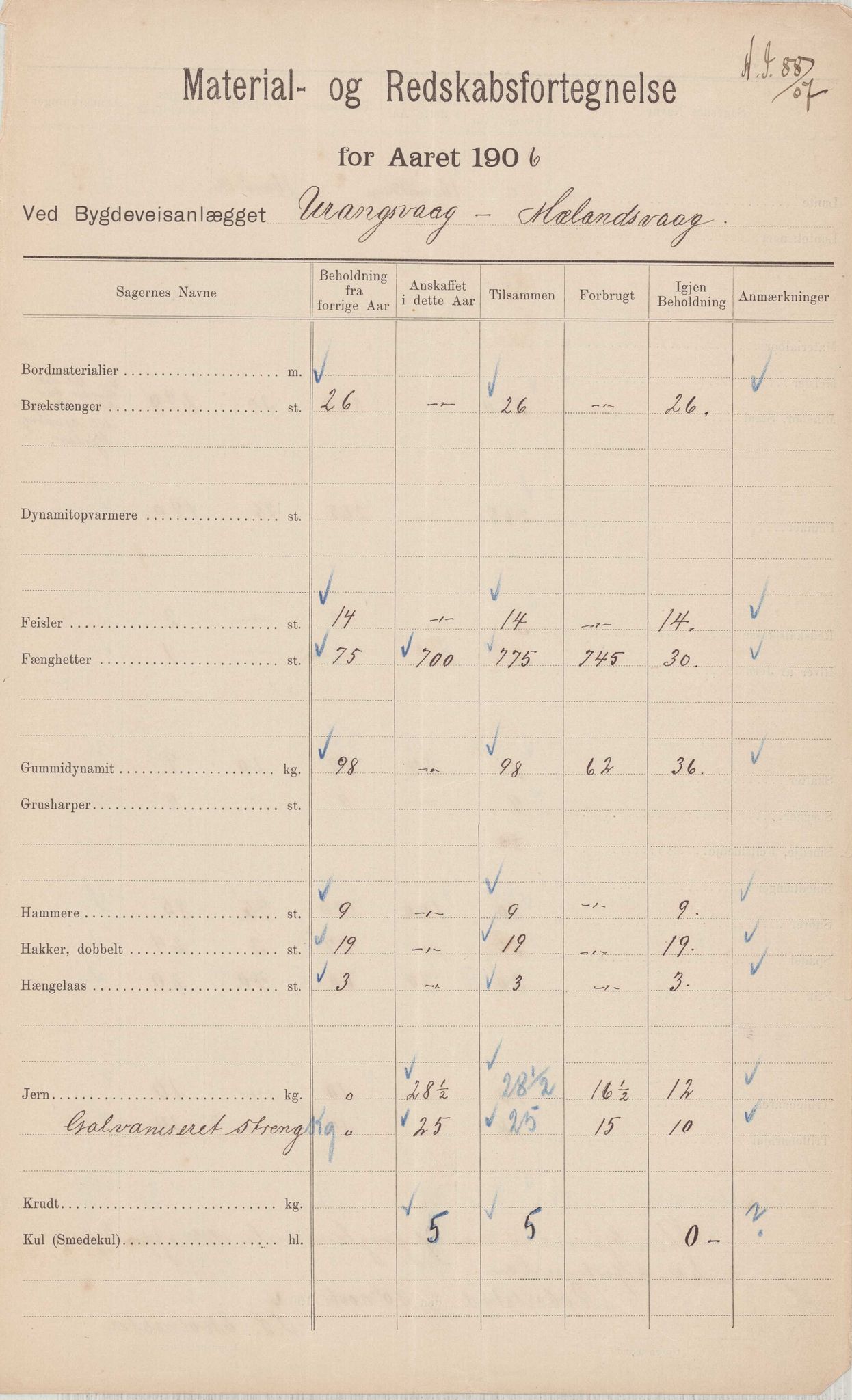 Finnaas kommune. Formannskapet, IKAH/1218a-021/E/Ea/L0002/0004: Rekneskap for veganlegg / Rekneskap for veganlegget Urangsvåg - Mælandsvåg, 1906, p. 12