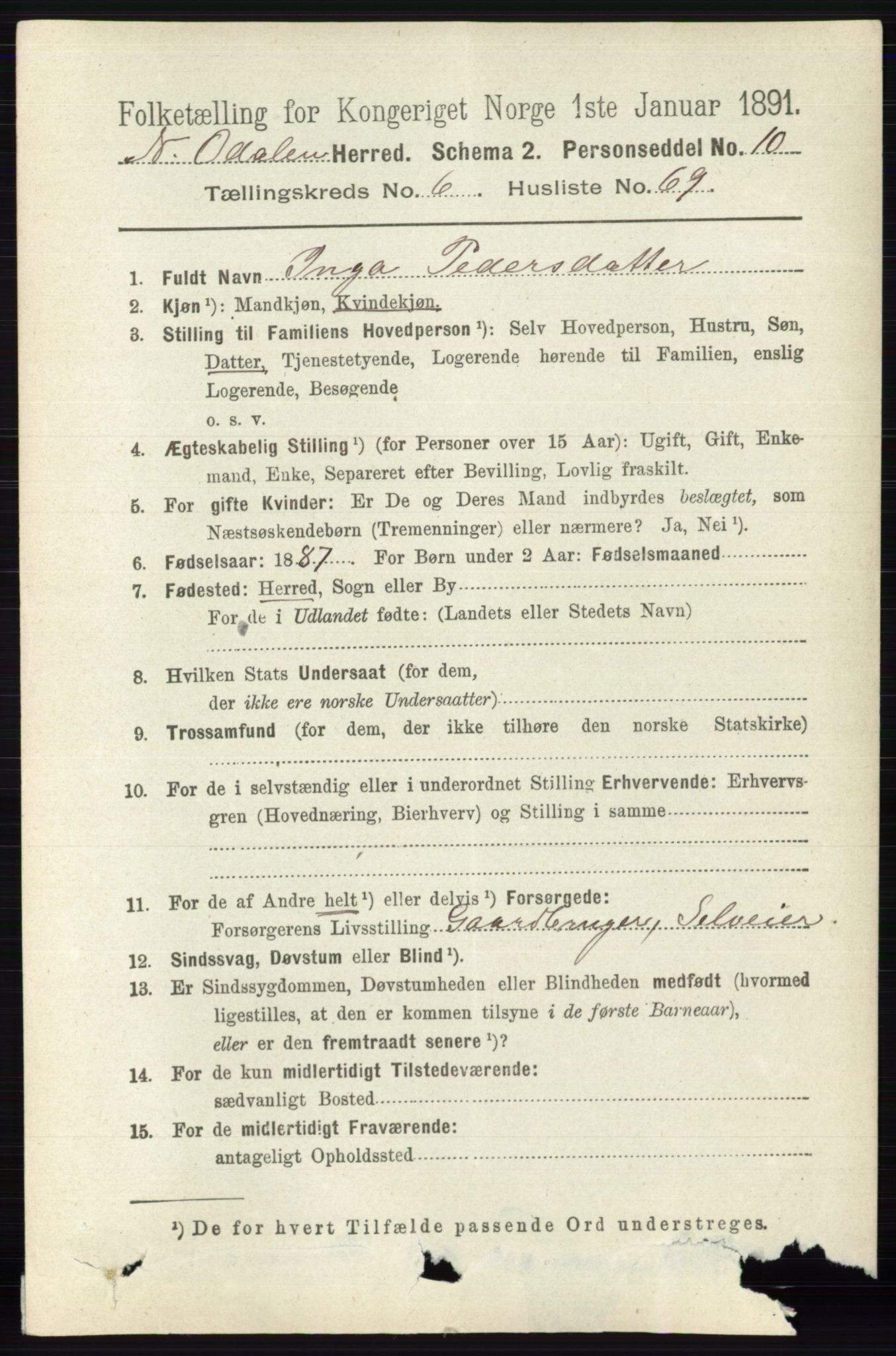 RA, 1891 census for 0418 Nord-Odal, 1891, p. 2769