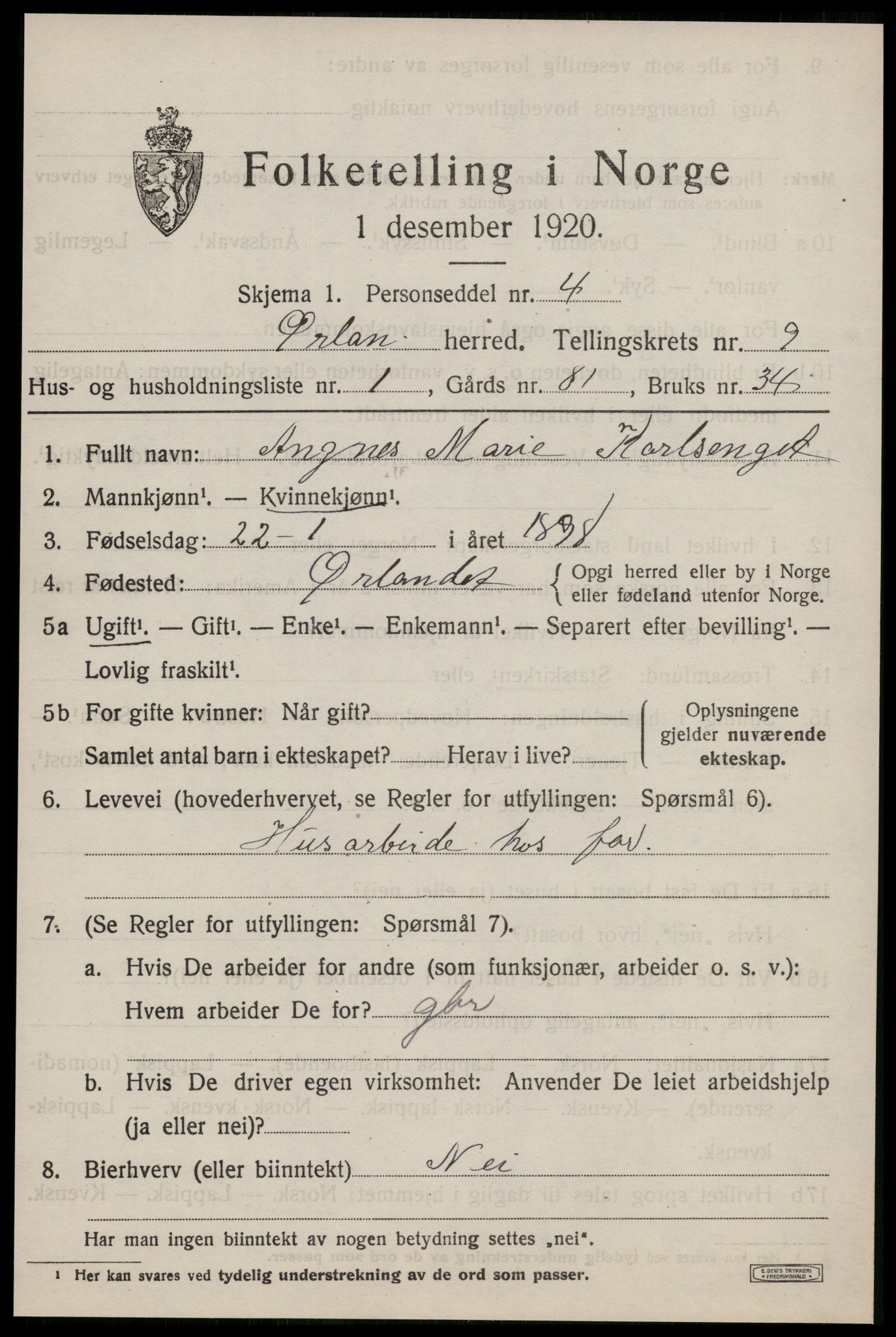 SAT, 1920 census for Ørland, 1920, p. 7841