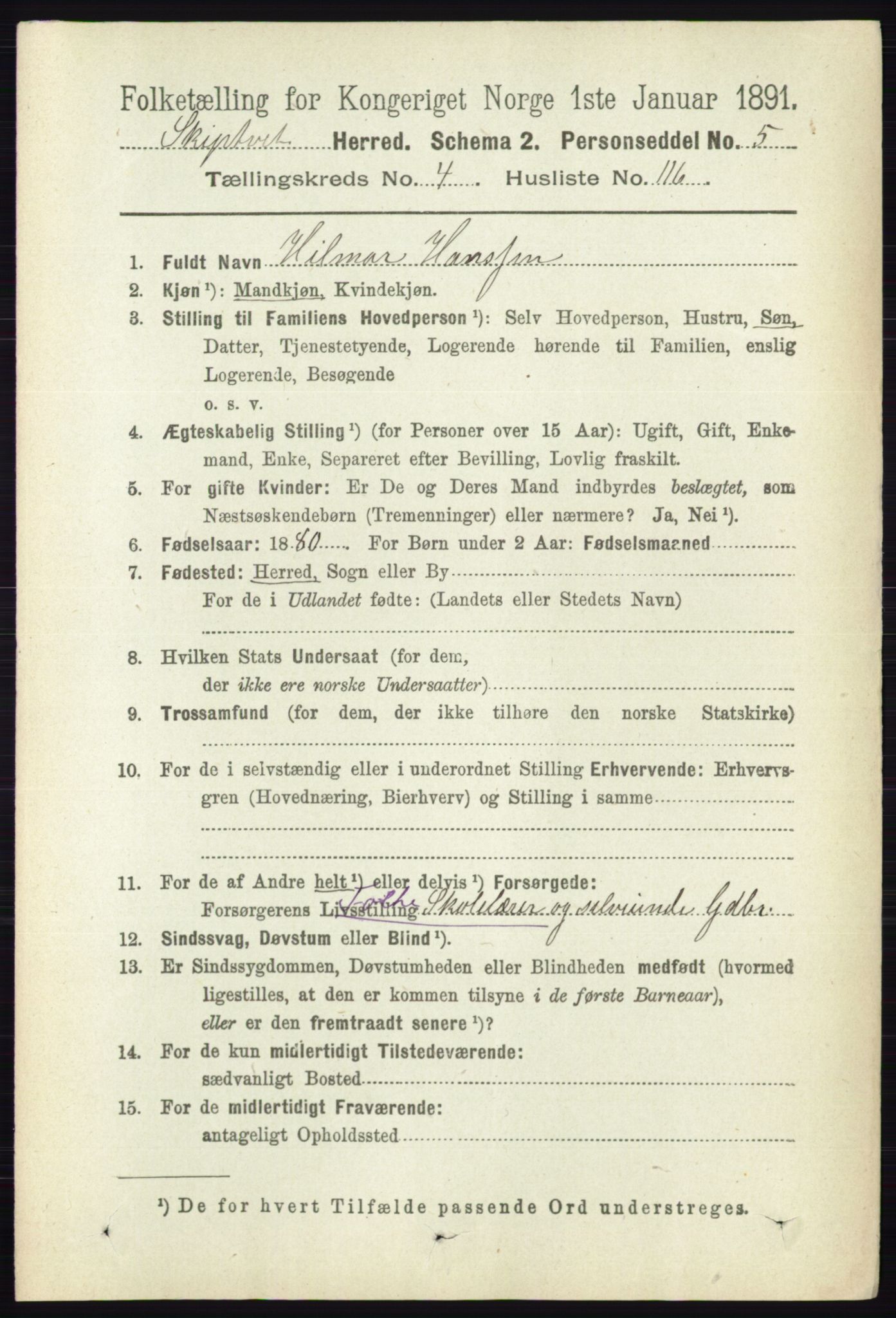 RA, 1891 census for 0127 Skiptvet, 1891, p. 2566