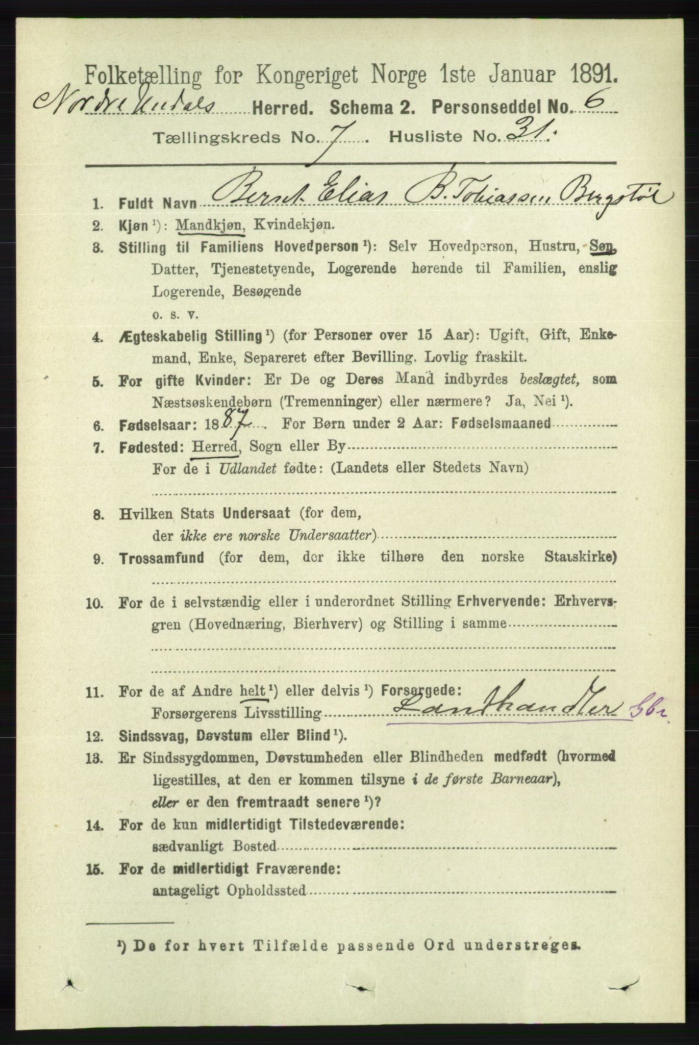 RA, 1891 census for 1028 Nord-Audnedal, 1891, p. 1977