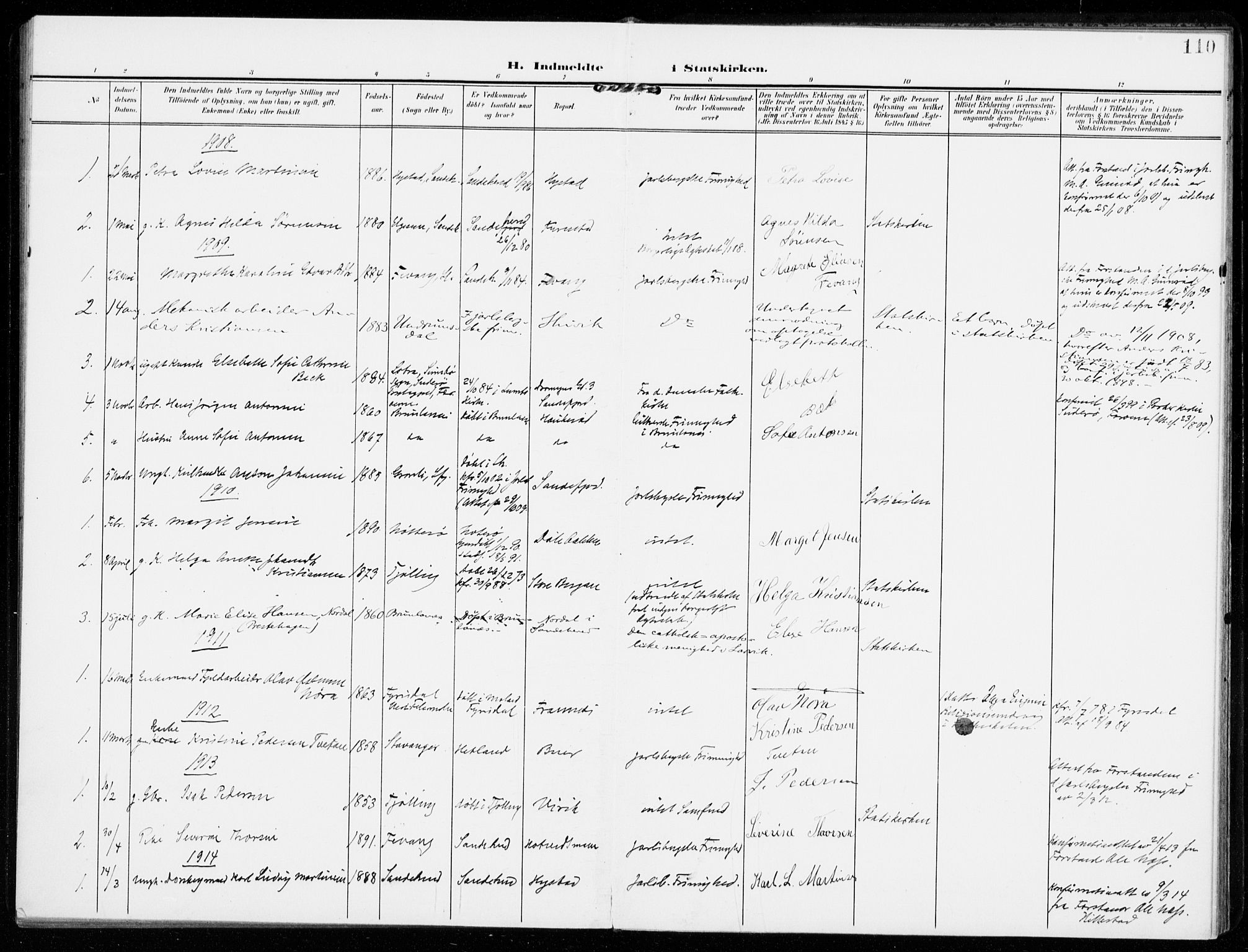 Sandar kirkebøker, SAKO/A-243/F/Fa/L0019: Parish register (official) no. 19, 1908-1914, p. 110