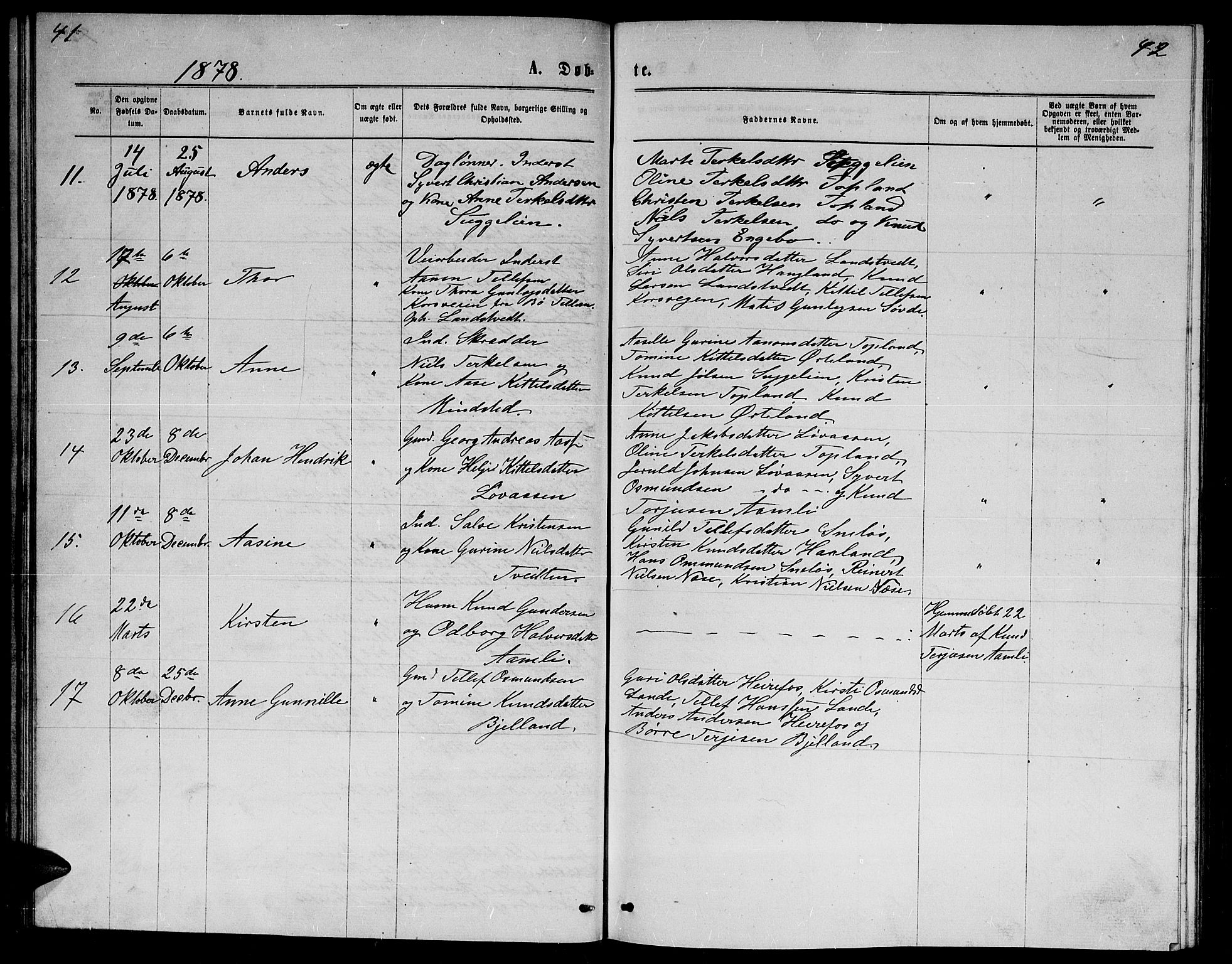Herefoss sokneprestkontor, SAK/1111-0019/F/Fb/Fba/L0002: Parish register (copy) no. B 2, 1868-1886, p. 41-42