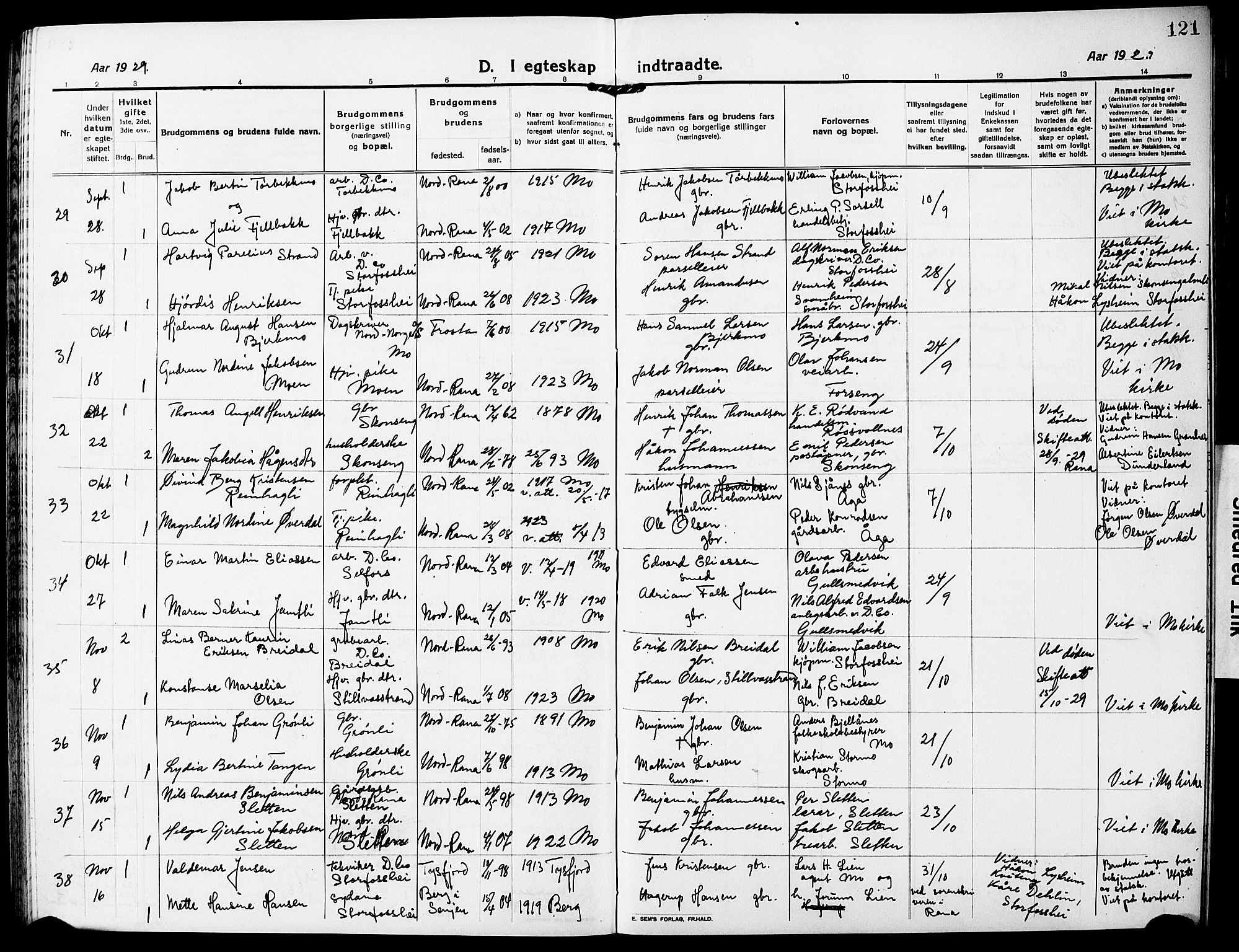 Ministerialprotokoller, klokkerbøker og fødselsregistre - Nordland, AV/SAT-A-1459/827/L0424: Parish register (copy) no. 827C13, 1921-1930, p. 121