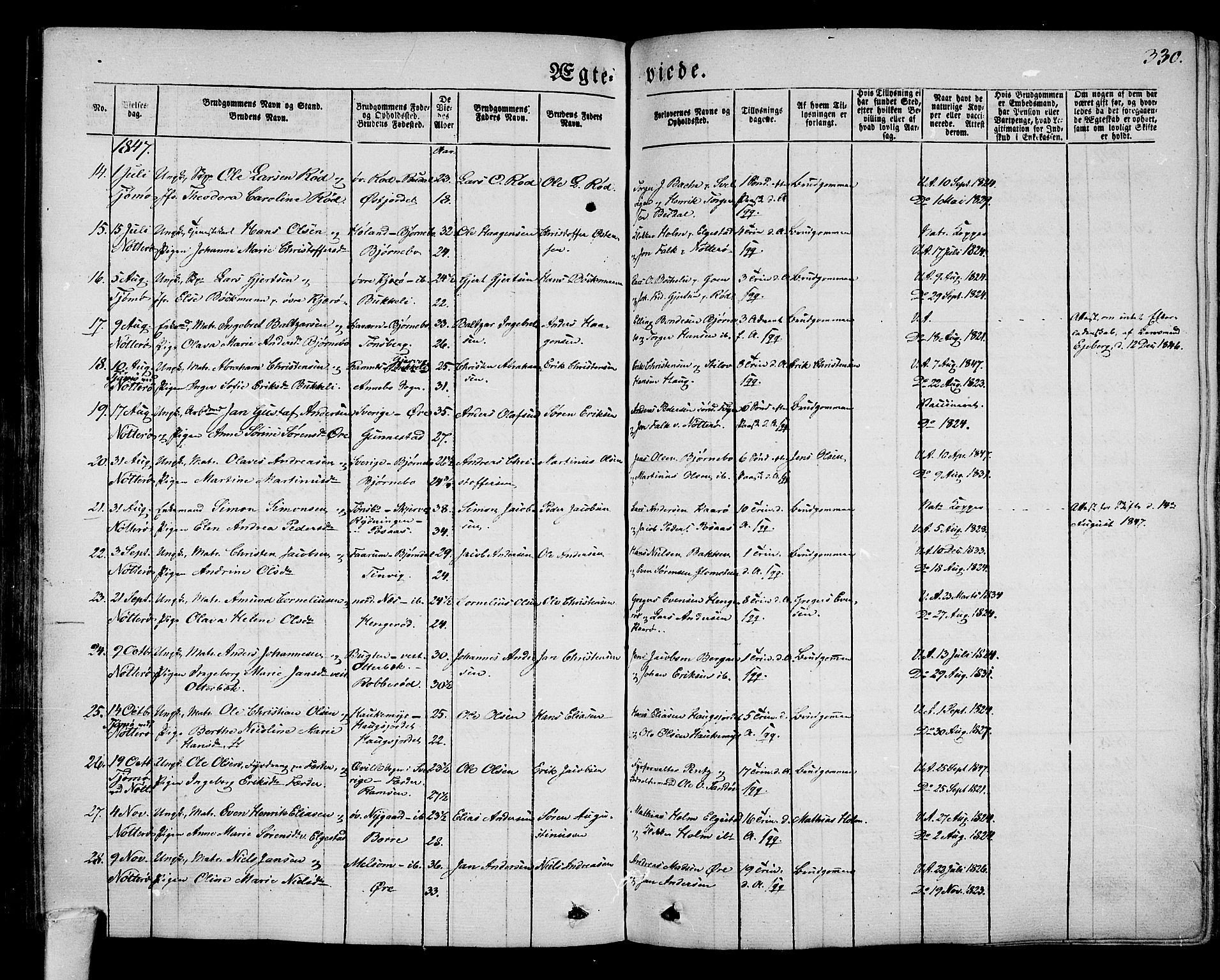 Nøtterøy kirkebøker, AV/SAKO-A-354/G/Ga/L0001: Parish register (copy) no. I 1, 1844-1859, p. 330