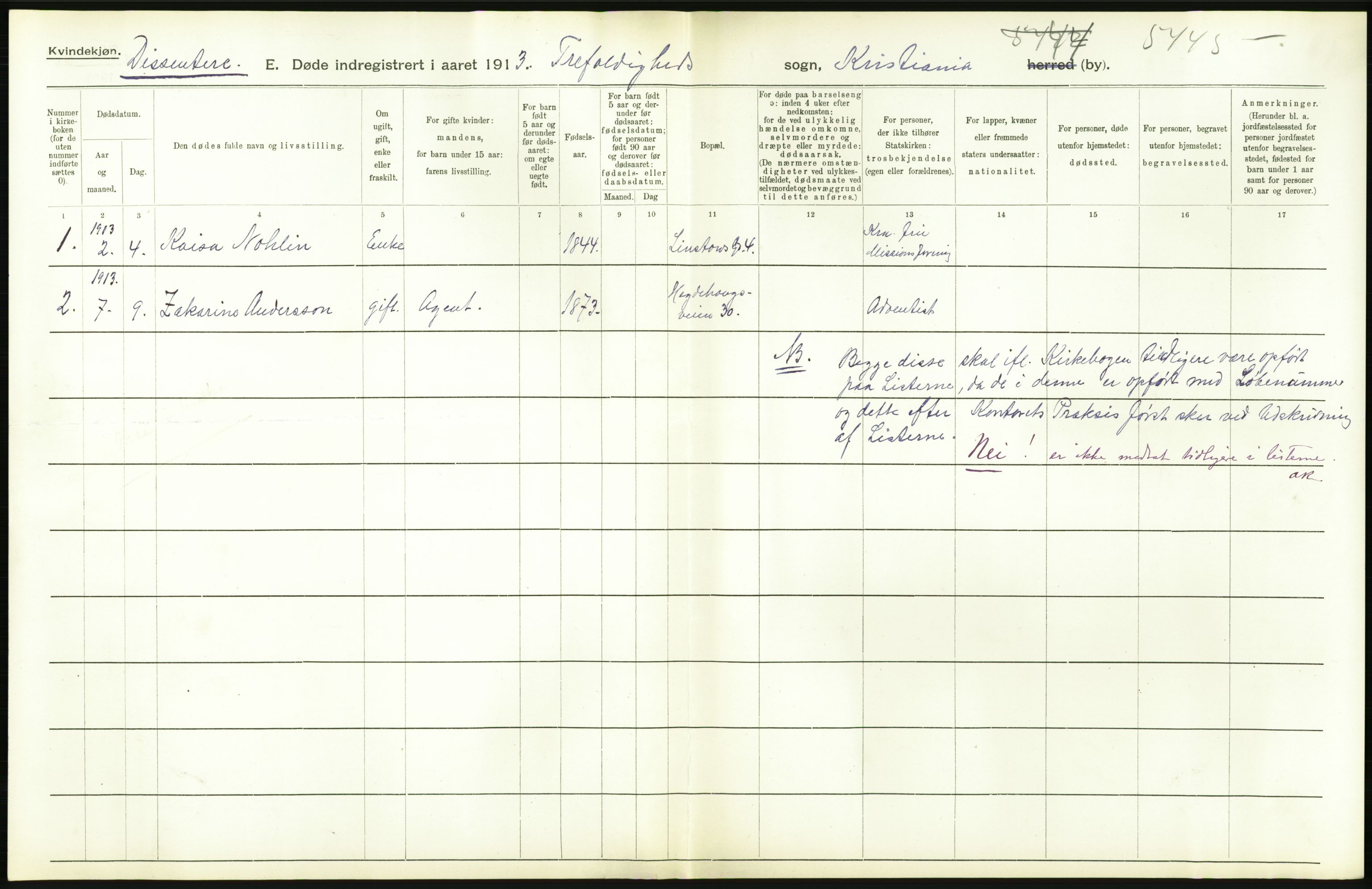 Statistisk sentralbyrå, Sosiodemografiske emner, Befolkning, AV/RA-S-2228/D/Df/Dfb/Dfbc/L0009: Kristiania: Døde., 1913, p. 444