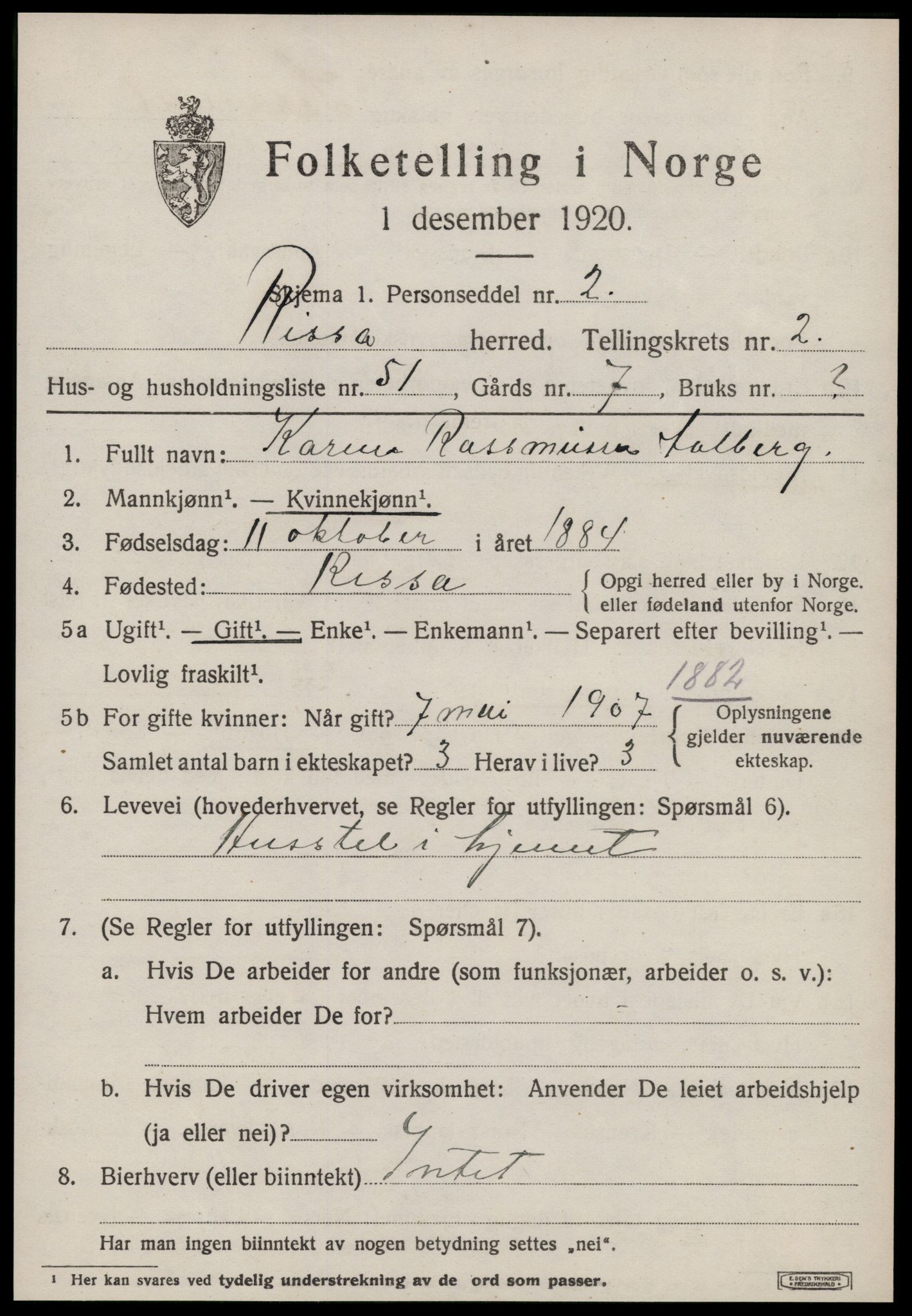 SAT, 1920 census for Rissa, 1920, p. 2299