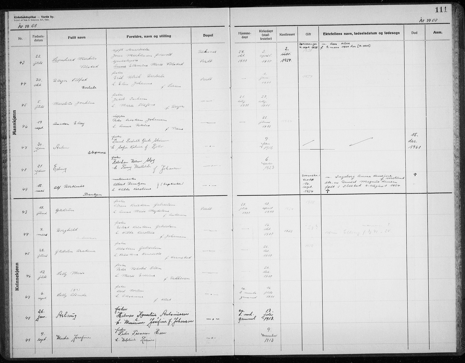 Vardø sokneprestkontor, AV/SATØ-S-1332/H/Hc/L0001kirkerekon: Other parish register no. 1, 1900-1914, p. 111