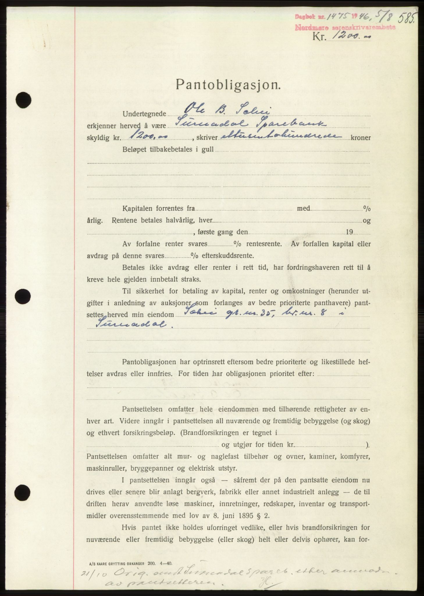 Nordmøre sorenskriveri, AV/SAT-A-4132/1/2/2Ca: Mortgage book no. B94, 1946-1946, Diary no: : 1475/1946