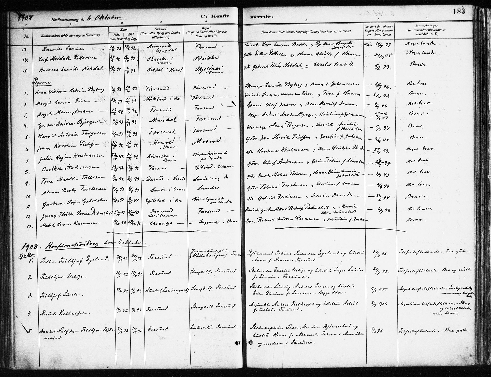 Farsund sokneprestkontor, AV/SAK-1111-0009/F/Fa/L0006: Parish register (official) no. A 6, 1887-1920, p. 183