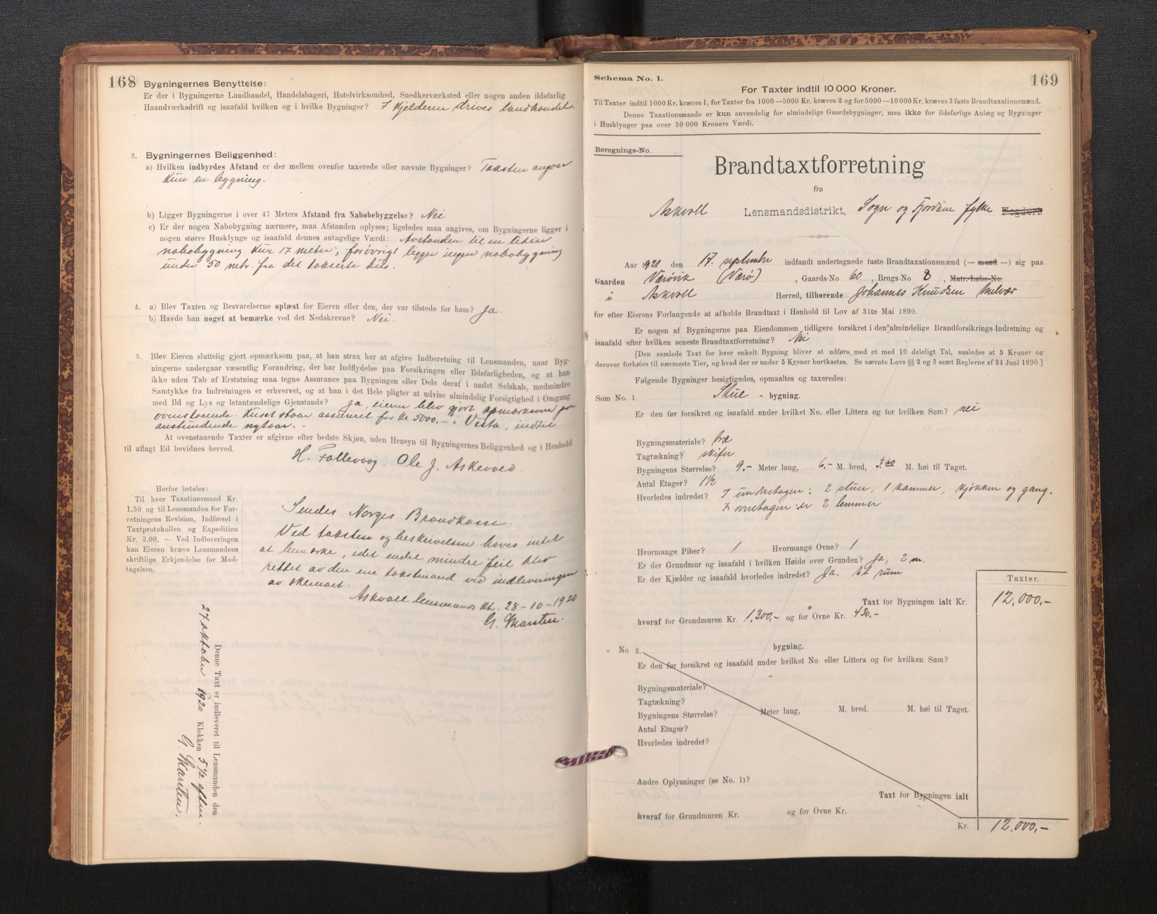 Lensmannen i Askvoll, SAB/A-26301/0012/L0004: Branntakstprotokoll, skjematakst og liste over branntakstmenn, 1895-1932, p. 168-169