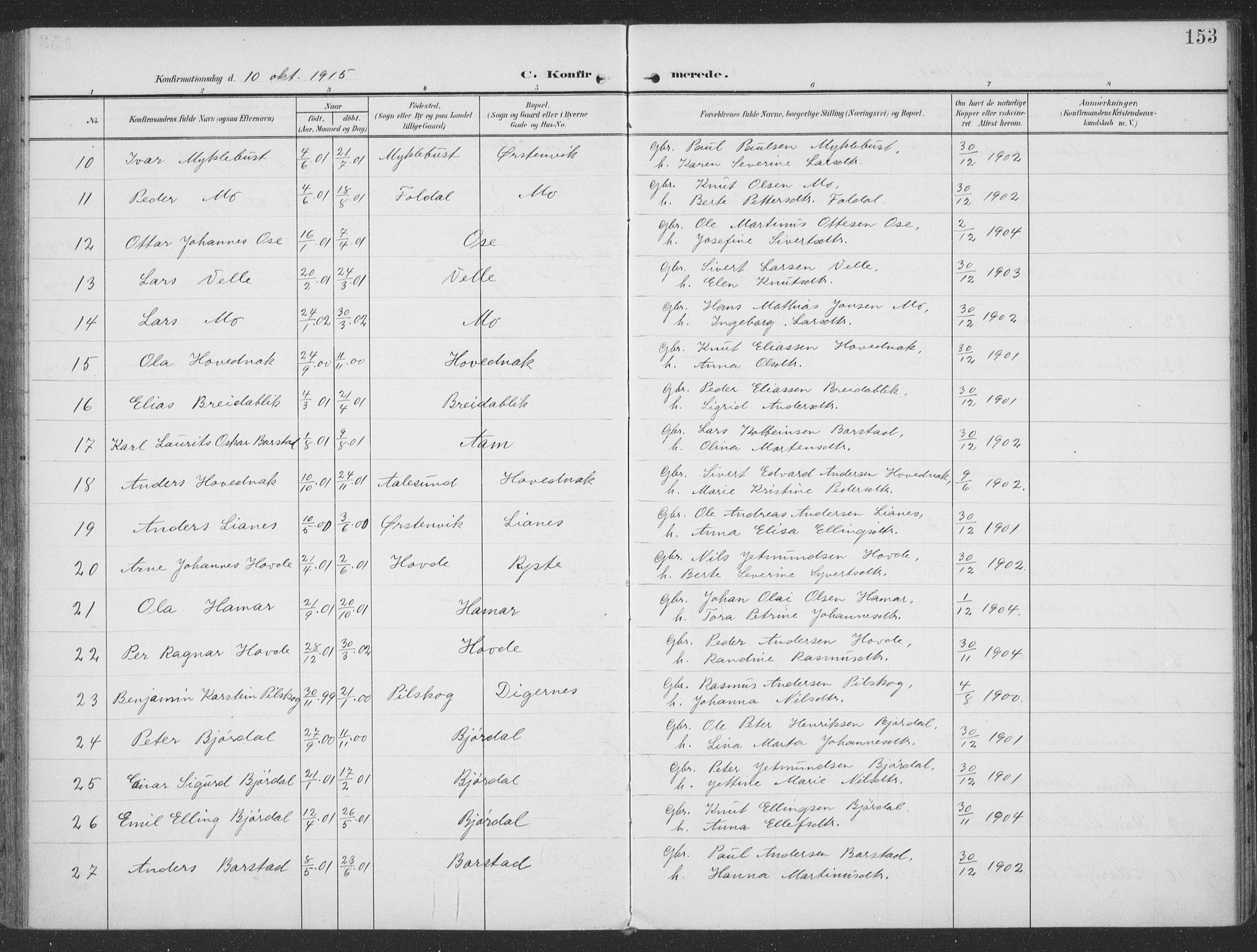 Ministerialprotokoller, klokkerbøker og fødselsregistre - Møre og Romsdal, SAT/A-1454/513/L0178: Parish register (official) no. 513A05, 1906-1919, p. 153