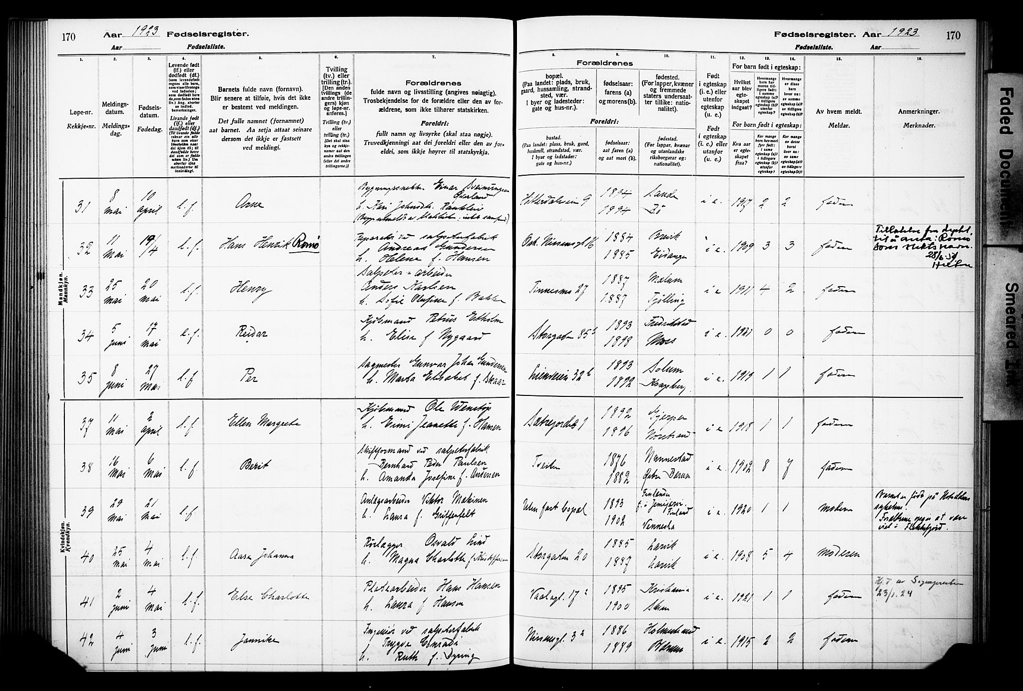 Notodden kirkebøker, AV/SAKO-A-290/J/Ja/L0001: Birth register no. 1, 1916-1924, p. 170