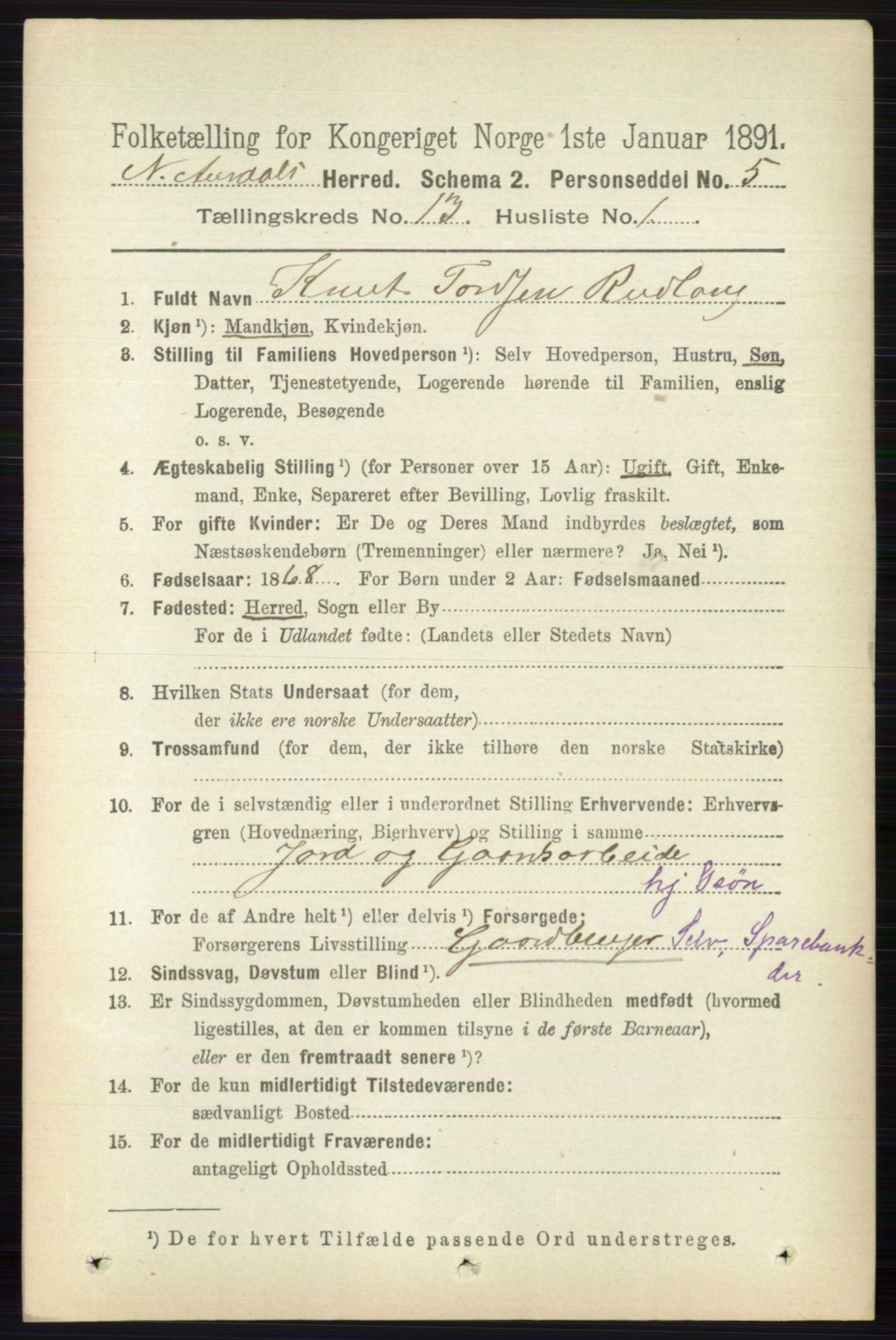 RA, 1891 census for 0542 Nord-Aurdal, 1891, p. 4765