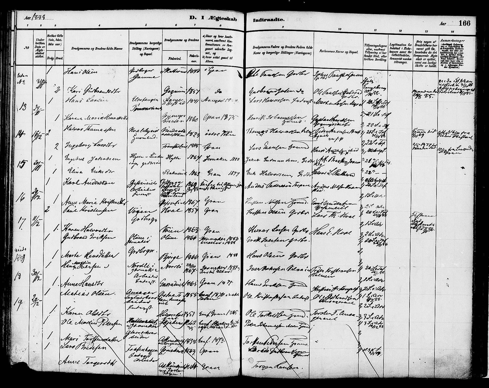Gran prestekontor, SAH/PREST-112/H/Ha/Haa/L0014: Parish register (official) no. 14, 1880-1889, p. 166