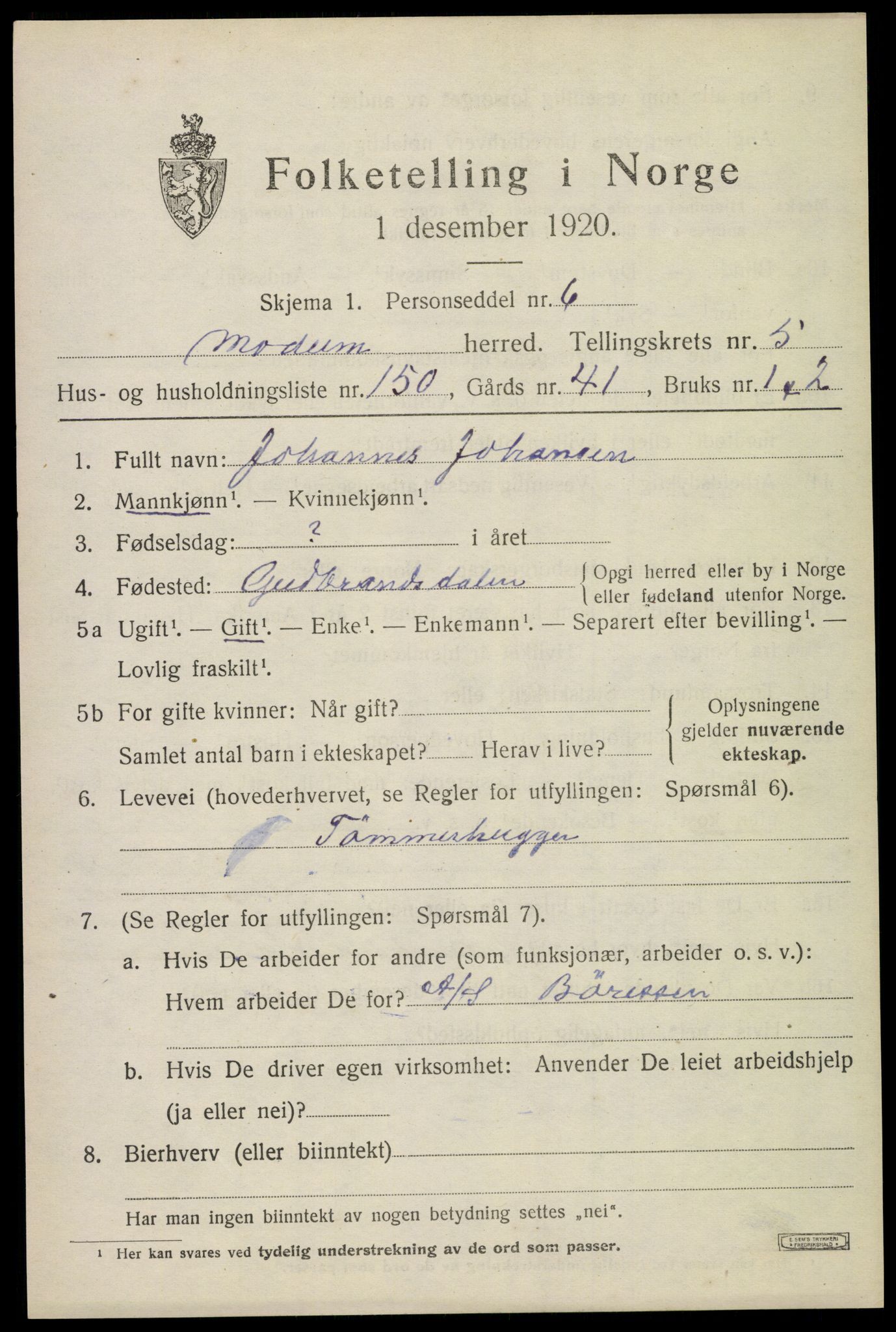 SAKO, 1920 census for Modum, 1920, p. 8347