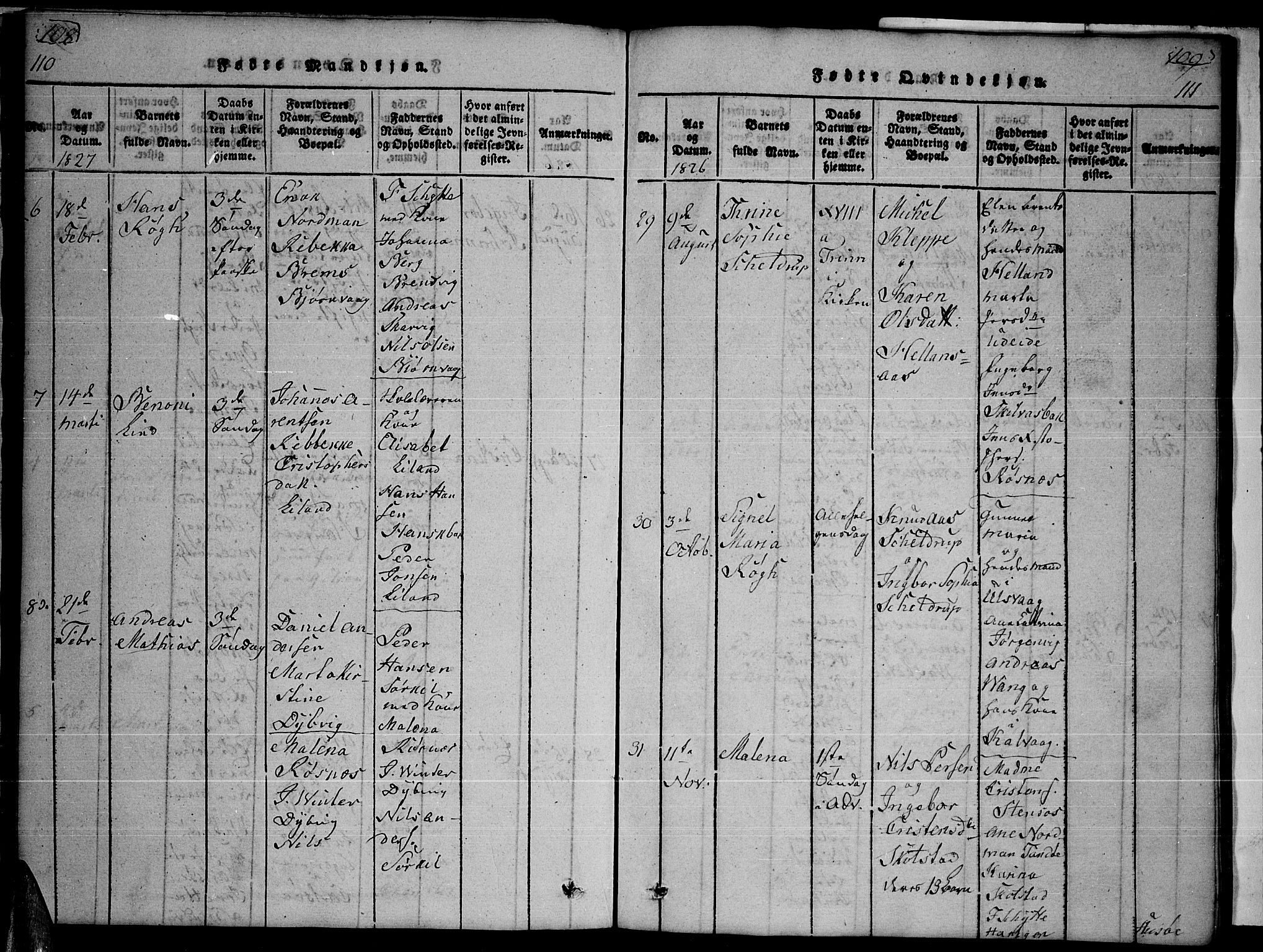 Ministerialprotokoller, klokkerbøker og fødselsregistre - Nordland, AV/SAT-A-1459/859/L0855: Parish register (copy) no. 859C01, 1821-1839, p. 110-111