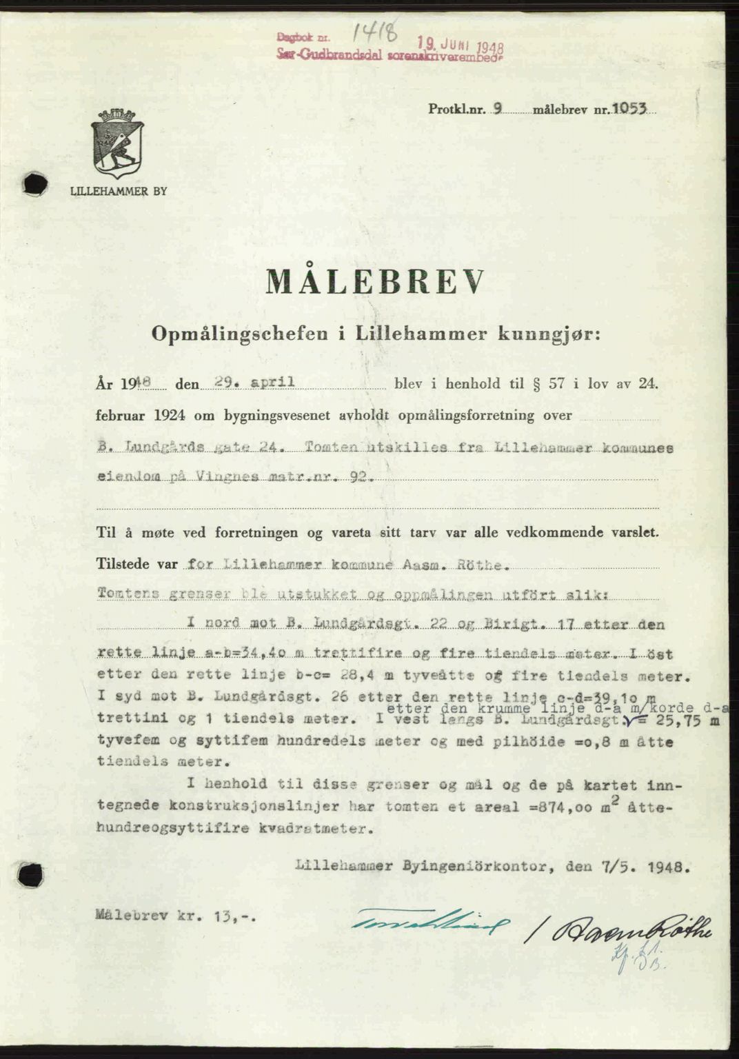 Sør-Gudbrandsdal tingrett, SAH/TING-004/H/Hb/Hbd/L0022: Mortgage book no. A22, 1948-1948, Diary no: : 1418/1948