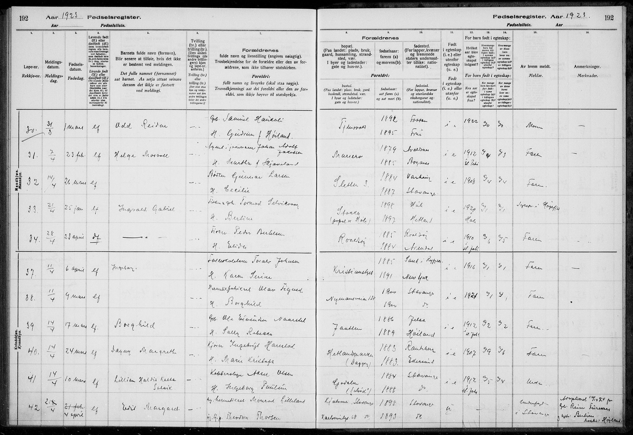 Hetland sokneprestkontor, AV/SAST-A-101826/70/704BA/L0003: Birth register no. 1, 1916-1923, p. 192