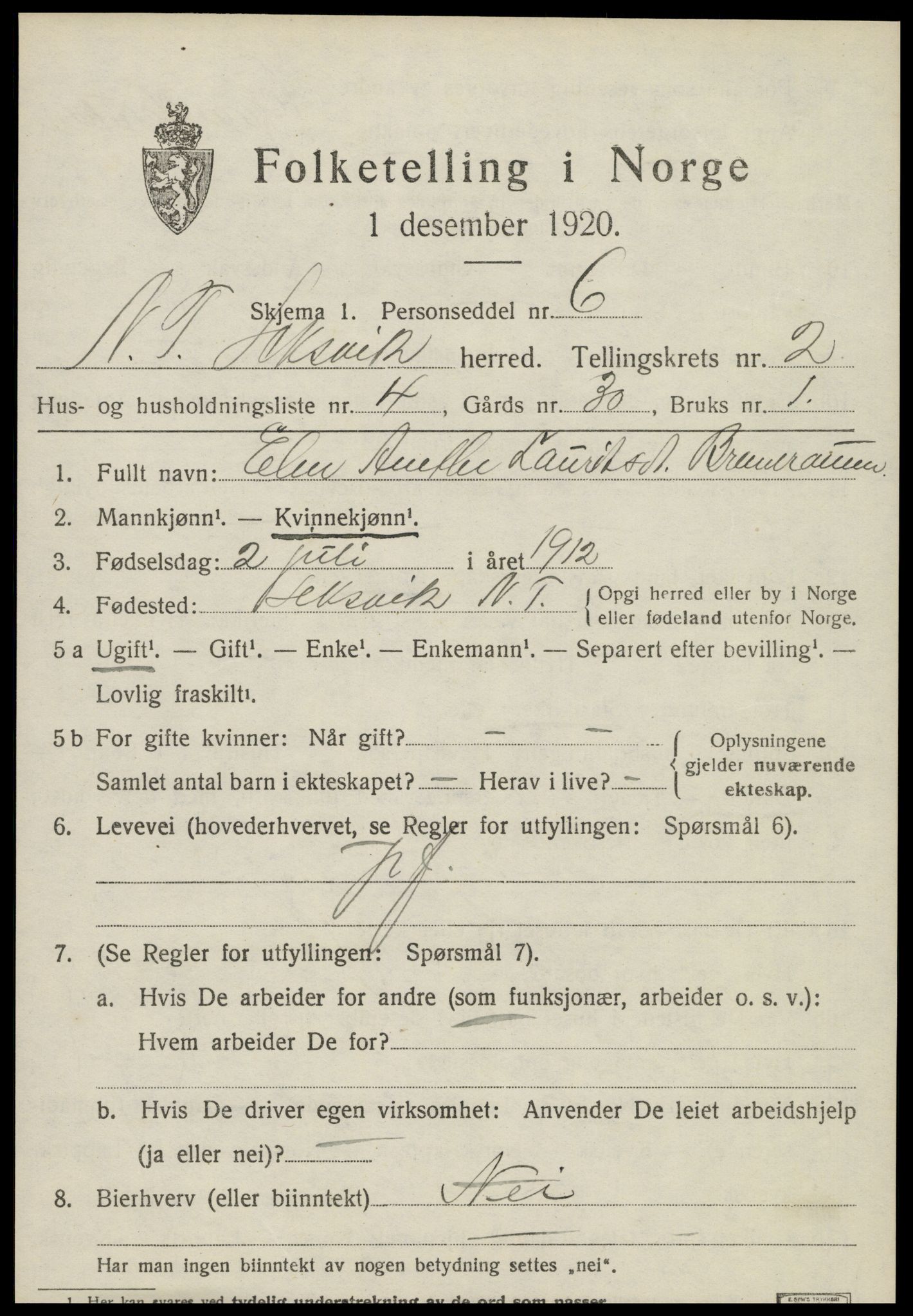 SAT, 1920 census for Leksvik, 1920, p. 1866