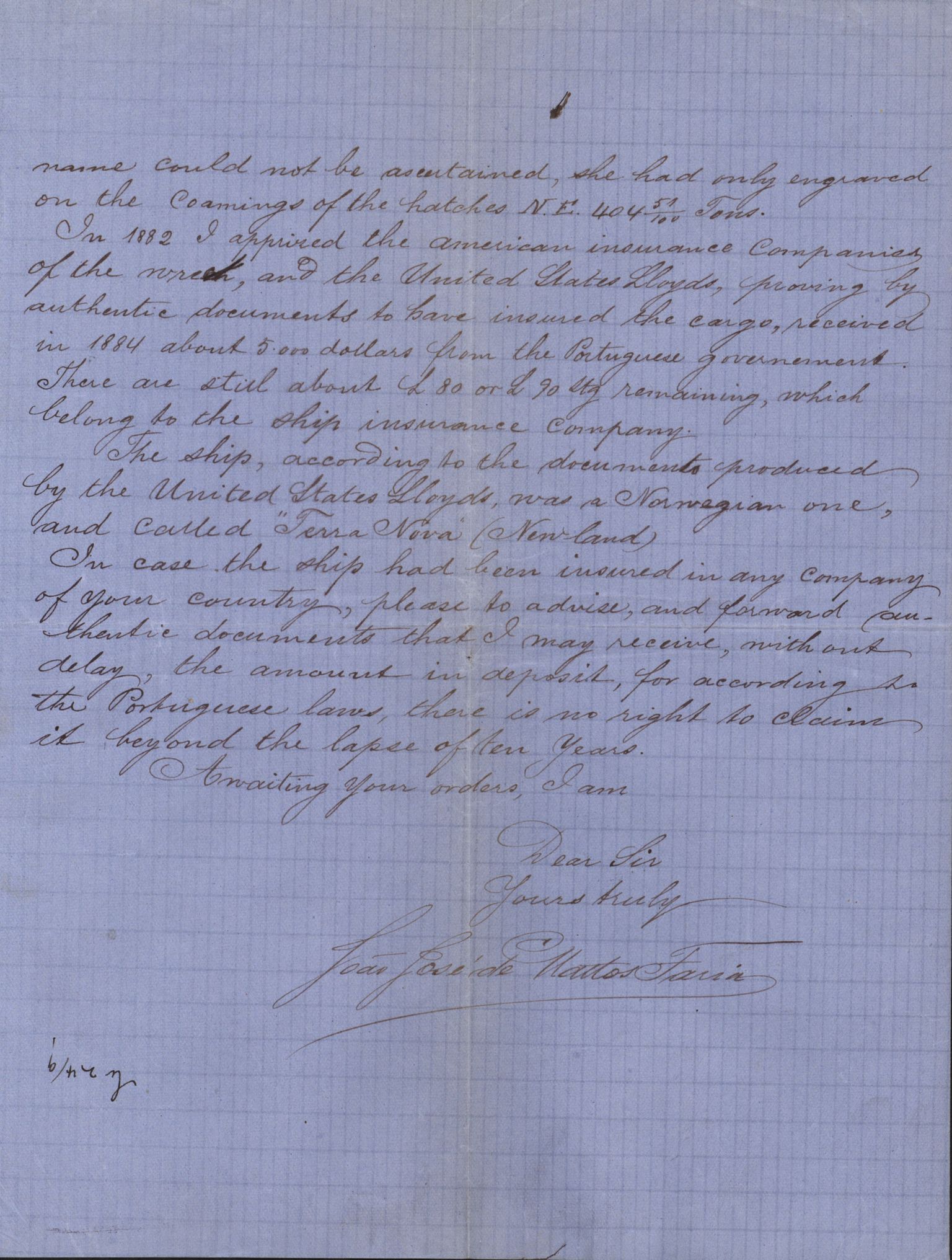 Pa 63 - Østlandske skibsassuranceforening, VEMU/A-1079/G/Ga/L0018/0009: Havaridokumenter / Tellus, Activ, Ellida, Laurel, Møringen, Mjølner, 1885, p. 7