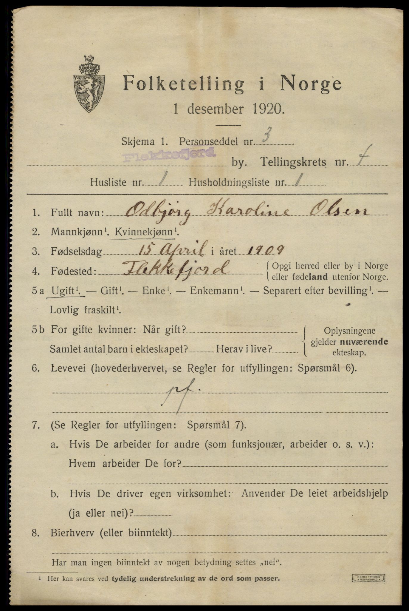 SAK, 1920 census for Flekkefjord, 1920, p. 4440