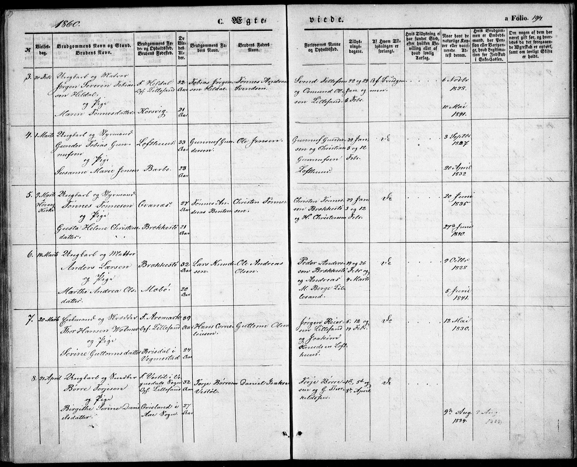 Vestre Moland sokneprestkontor, AV/SAK-1111-0046/F/Fb/Fbb/L0003: Parish register (copy) no. B 3, 1851-1861, p. 194