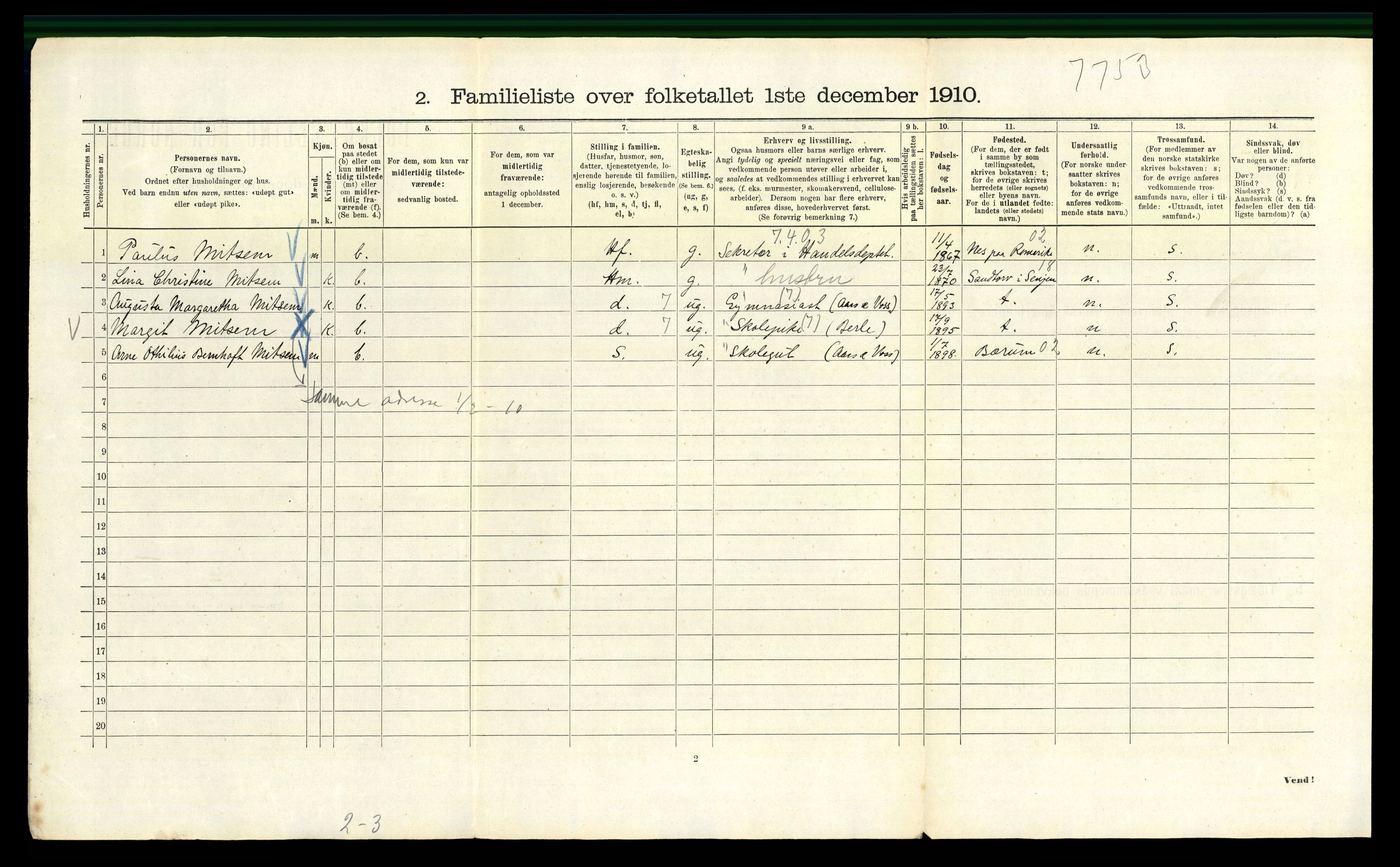 RA, 1910 census for Kristiania, 1910, p. 100456