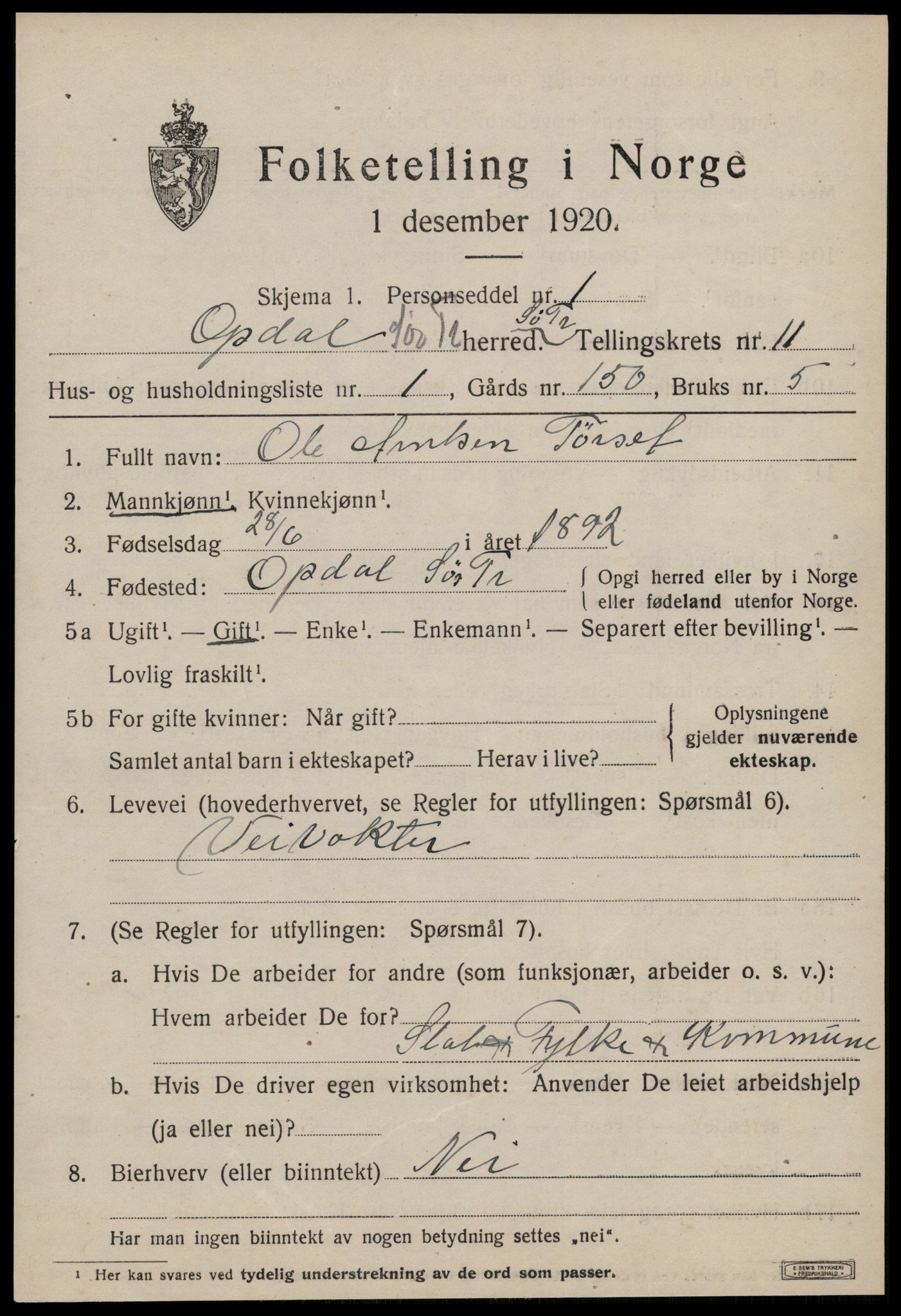SAT, 1920 census for Oppdal, 1920, p. 9211