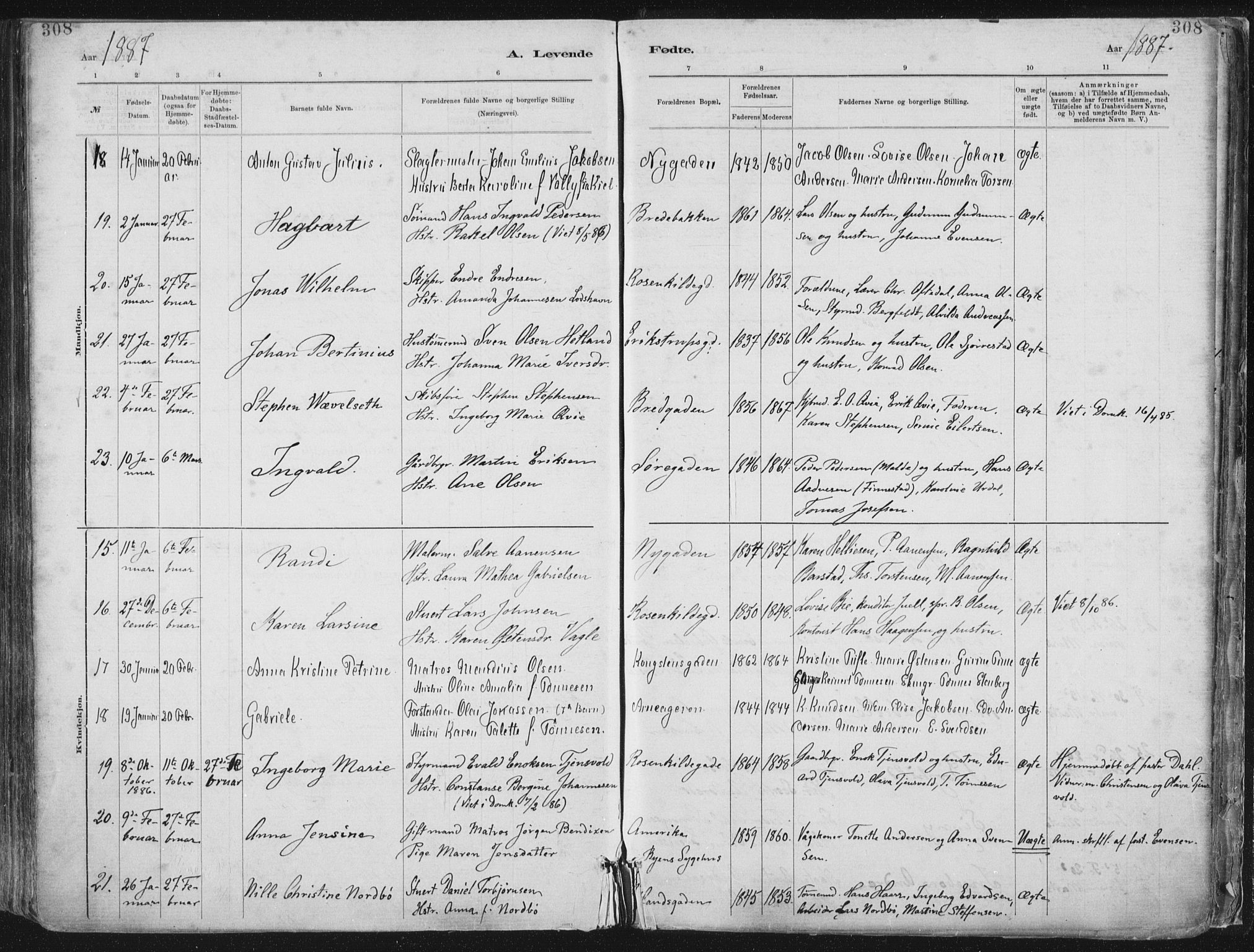 St. Petri sokneprestkontor, AV/SAST-A-101813/001/30/30BA/L0015: Parish register (official) no. A 15, 1879-1888, p. 308