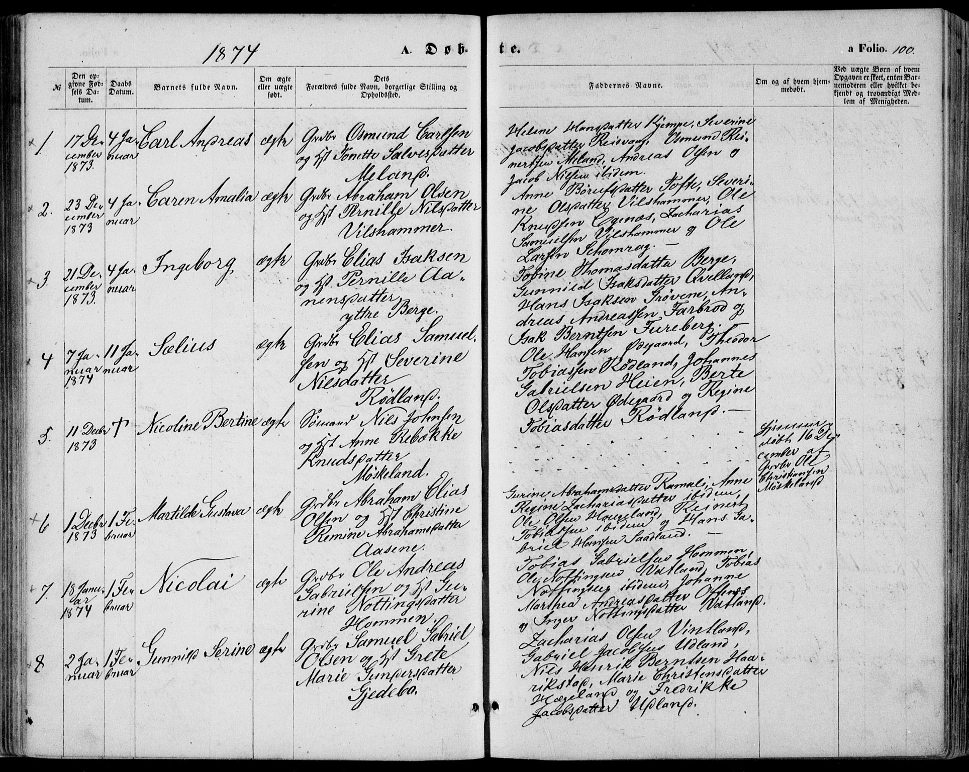 Lyngdal sokneprestkontor, SAK/1111-0029/F/Fa/Fac/L0010: Parish register (official) no. A 10, 1865-1878, p. 100