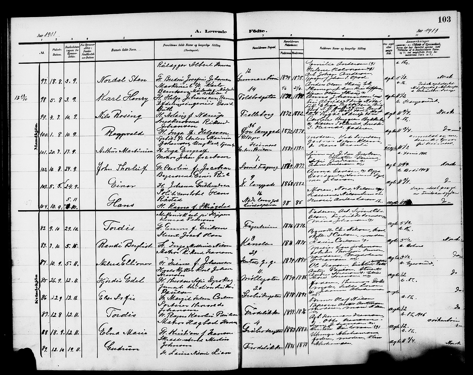 Tønsberg kirkebøker, AV/SAKO-A-330/G/Ga/L0008: Parish register (copy) no. 8, 1905-1912, p. 103