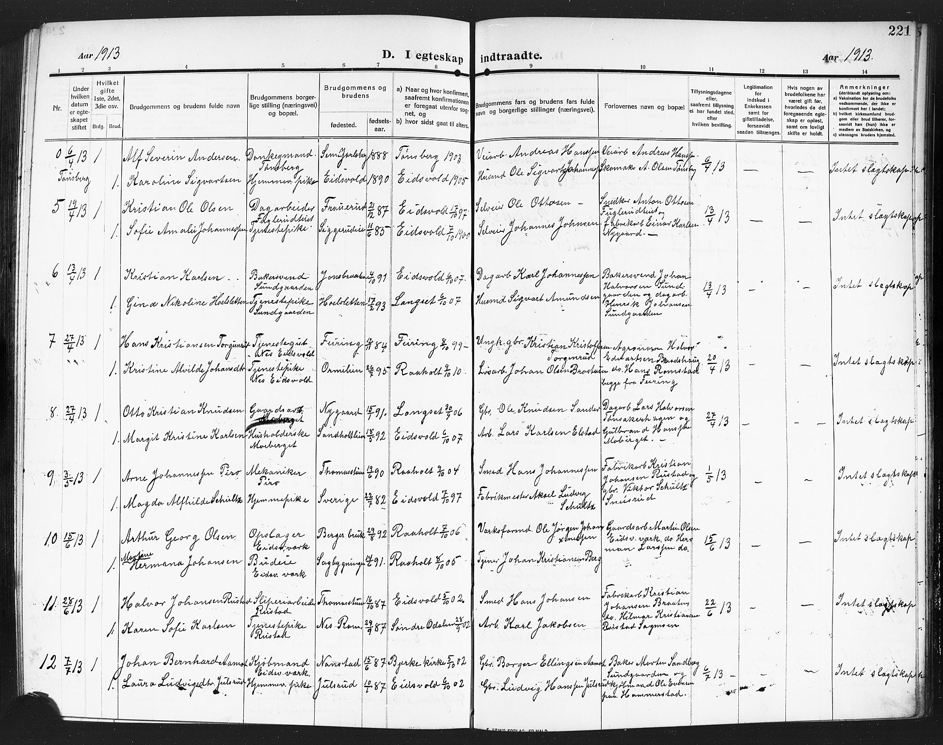 Eidsvoll prestekontor Kirkebøker, SAO/A-10888/G/Ga/L0008: Parish register (copy) no. I 8, 1909-1918, p. 221