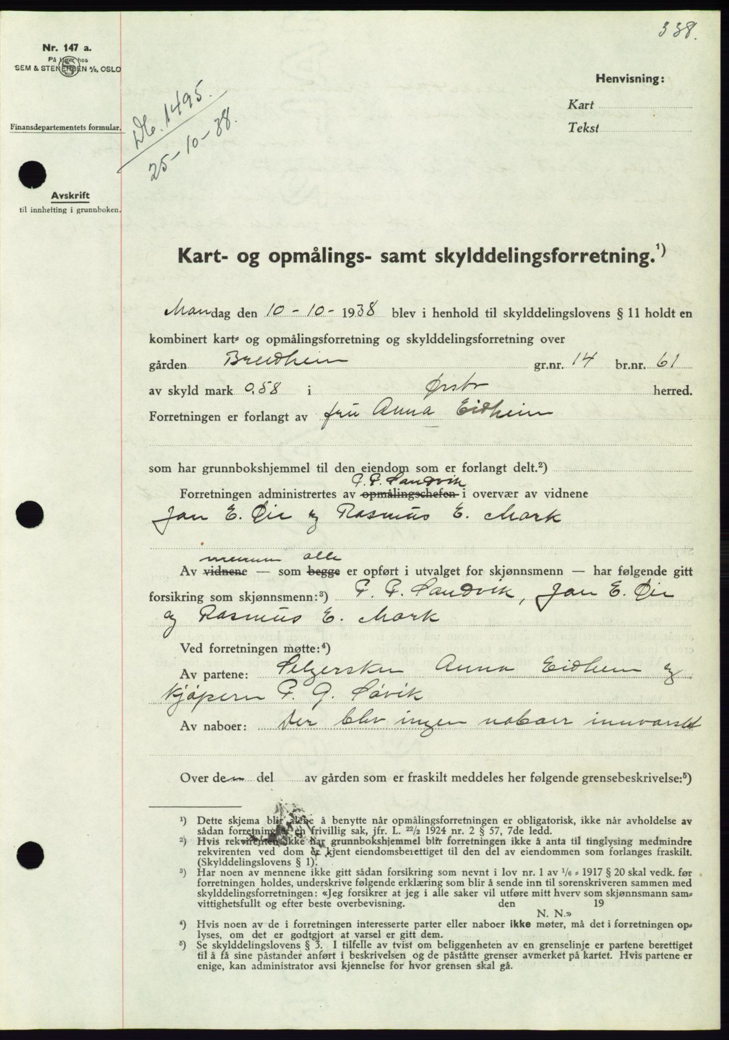 Søre Sunnmøre sorenskriveri, AV/SAT-A-4122/1/2/2C/L0066: Mortgage book no. 60, 1938-1938, Diary no: : 1495/1938