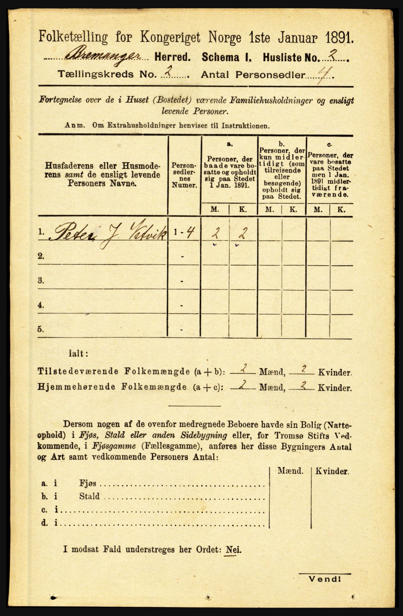 RA, 1891 census for 1438 Bremanger, 1891, p. 613