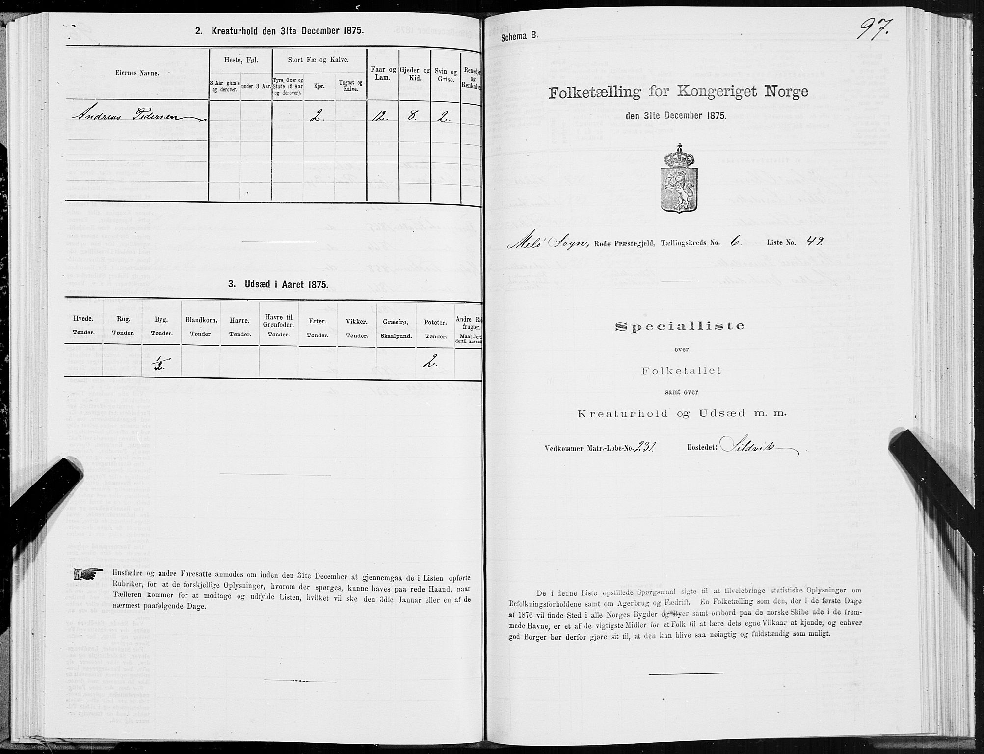 SAT, 1875 census for 1836P Rødøy, 1875, p. 3097