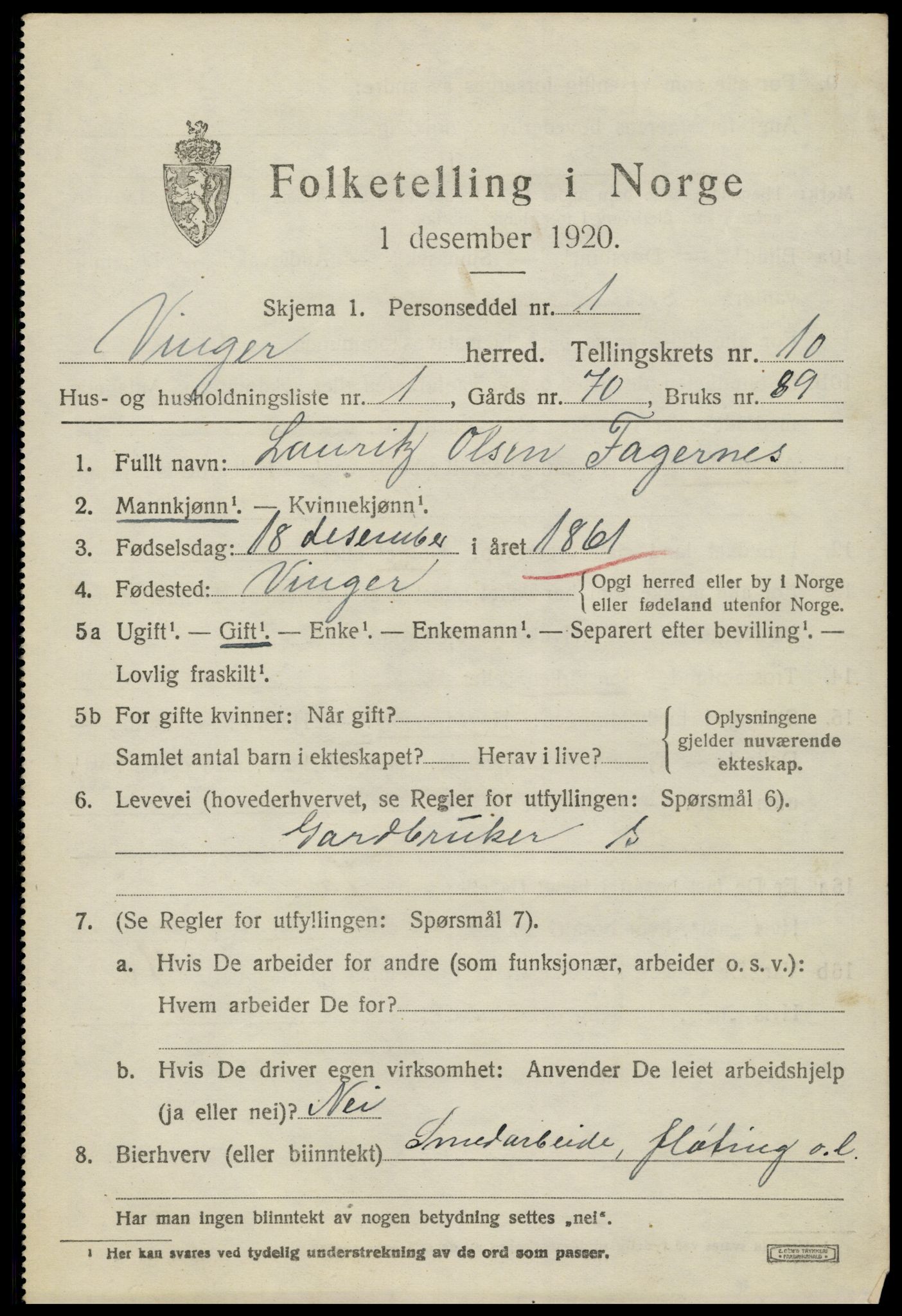 SAH, 1920 census for Vinger, 1920, p. 8508