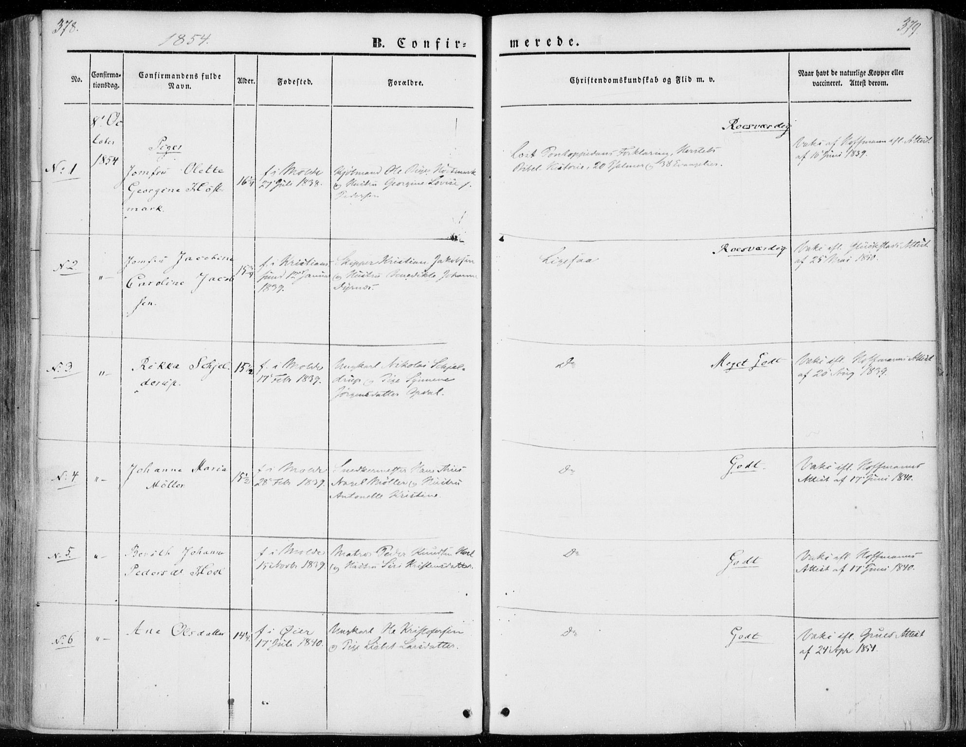 Ministerialprotokoller, klokkerbøker og fødselsregistre - Møre og Romsdal, SAT/A-1454/558/L0689: Parish register (official) no. 558A03, 1843-1872, p. 378-379