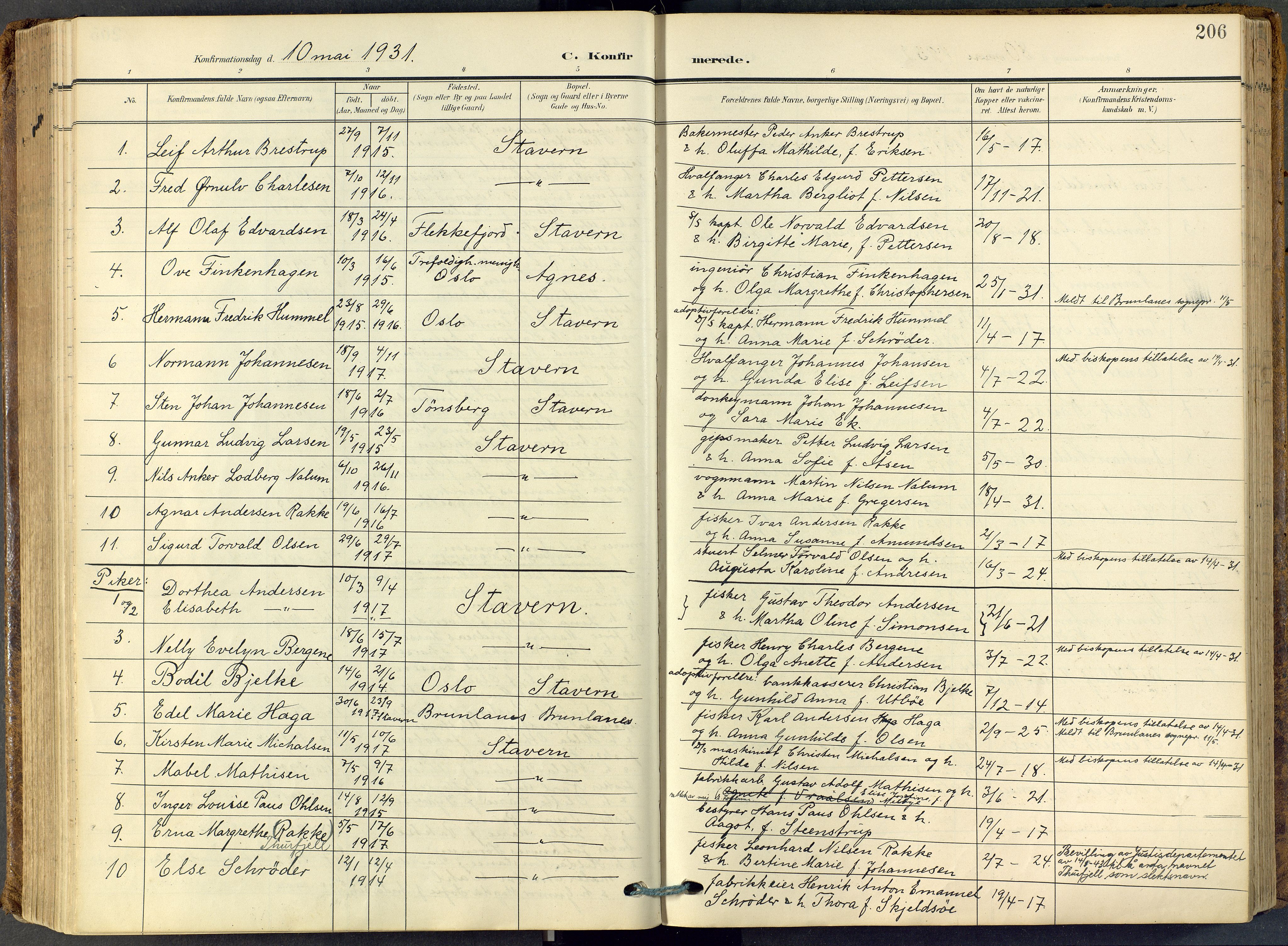 Stavern kirkebøker, SAKO/A-318/F/Fa/L0009: Parish register (official) no. 9, 1906-1955, p. 206