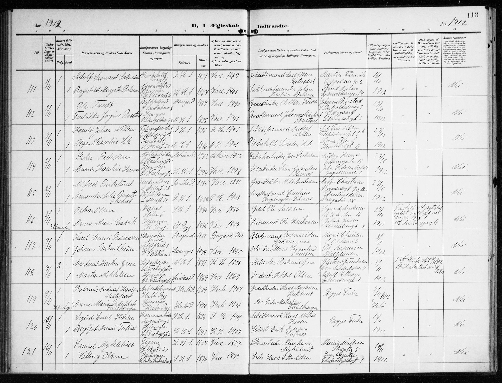 Korskirken sokneprestembete, SAB/A-76101/H/Haa/L0038: Parish register (official) no. D 5, 1904-1919, p. 113